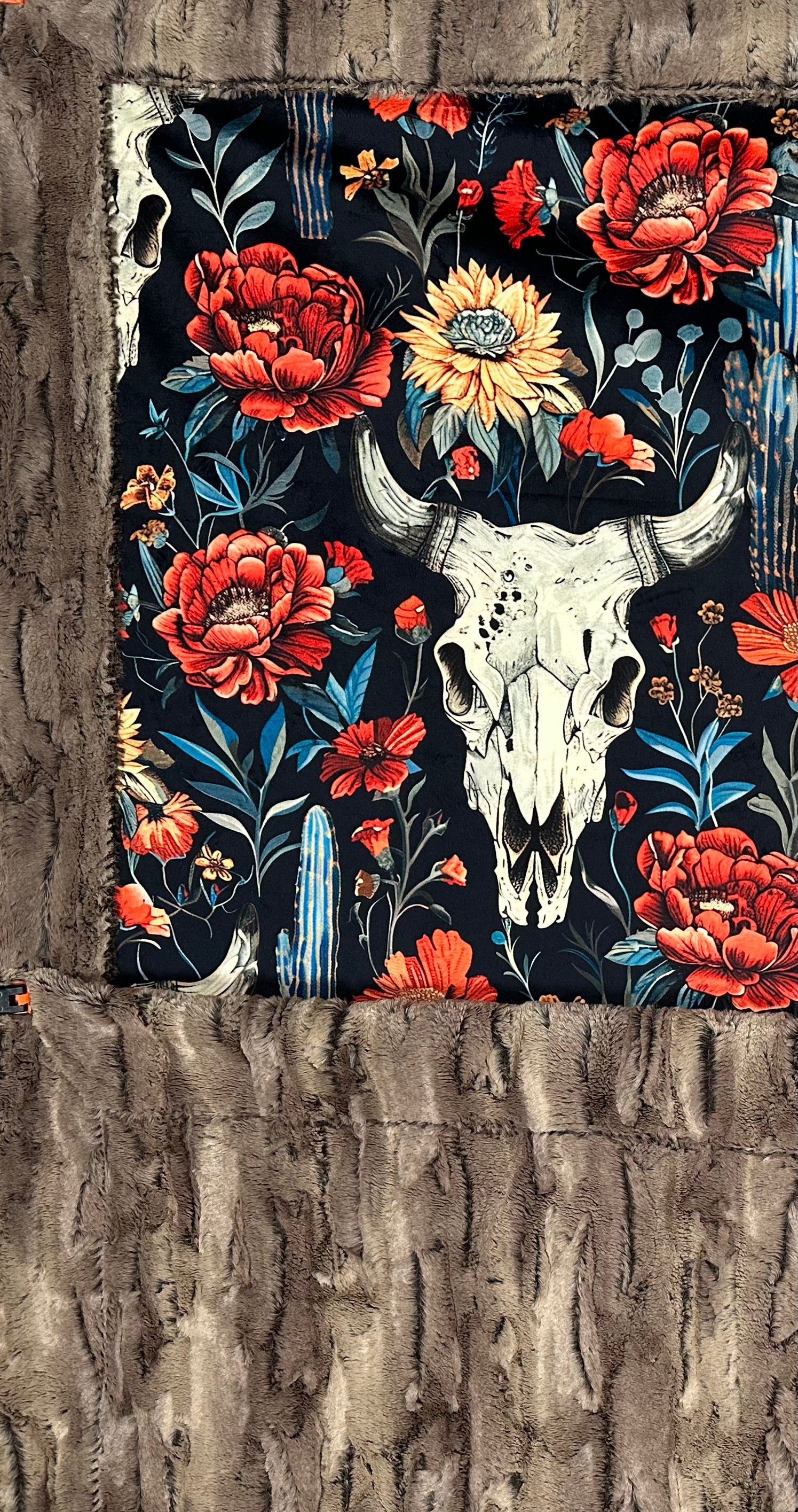 Boho Western Skull Floral Print Minky Blanket - Soft Luxe 55x79 Inches - Perfect for Bed, Couch & Home Decor - Chestnut Brown Cozy Throw Blanket