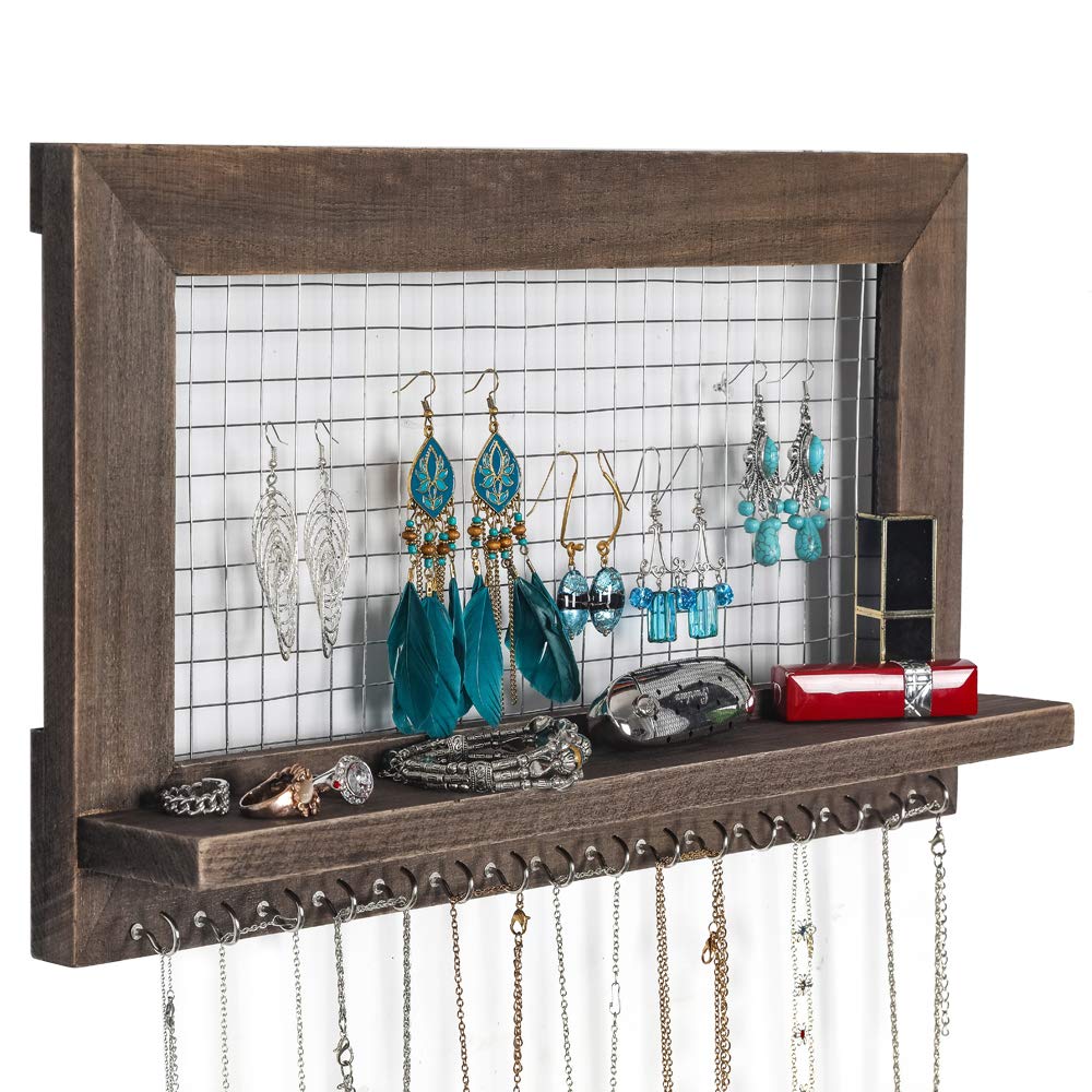 Wall Mounted Jewelry Organizer Stand with 16 Hooks - Perfect for Earrings, Necklaces & Bracelets - Brown Wooden Jewelry Display Shelf for Bedroom, Bathroom or Closet Organization