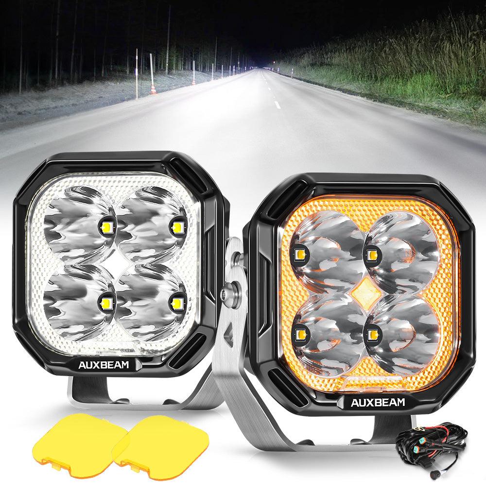 100W 3 Inch LED Pod Lights - White DRL & Amber Turn Signal - Off Road Lighting for Trucks, Jeeps, ATVs - Waterproof Spot Lights for Night Driving, Camping, Trail Adventures