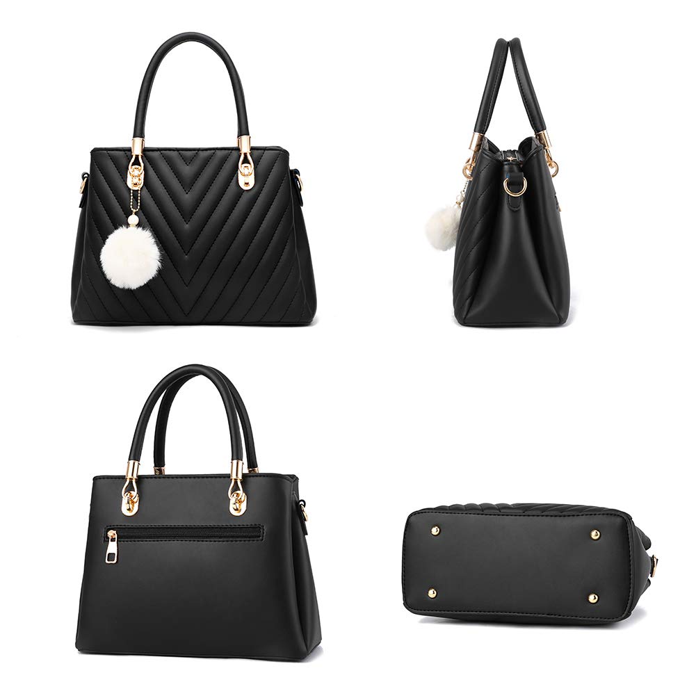 Stylish Women's Leather Handbag - Quilted Top Handle Tote Satchel with Pompom Decor | Perfect Shoulder Bag for Work, Travel & Everyday Use