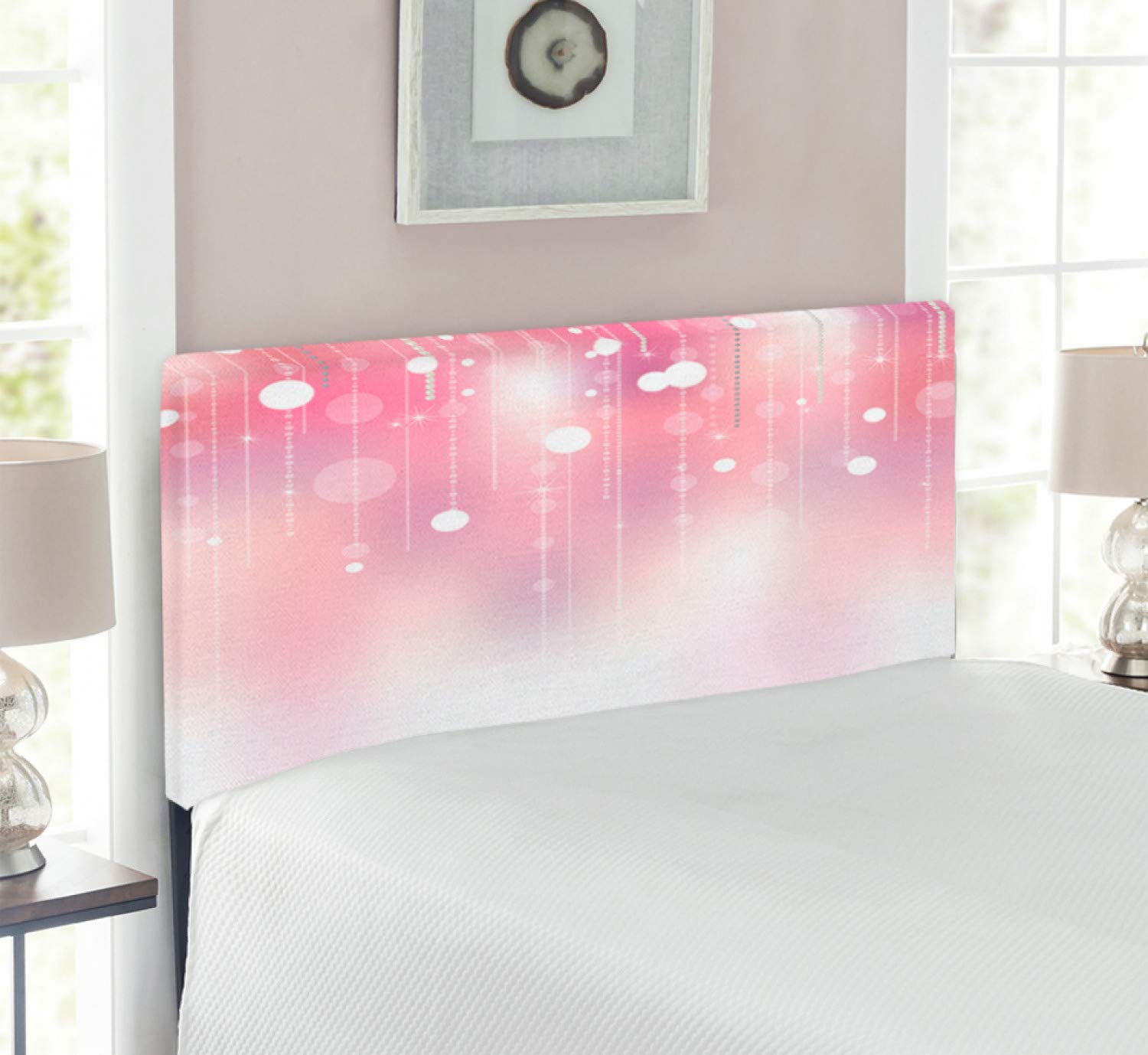 Lunarable Pearls & Diamonds Digital Print Upholstered Headboard - Twin Size Pink White Wedding Theme Bed Headboard with Memory Foam - Perfect for Bridal Bedrooms, Master Suites & Luxury Home Decor