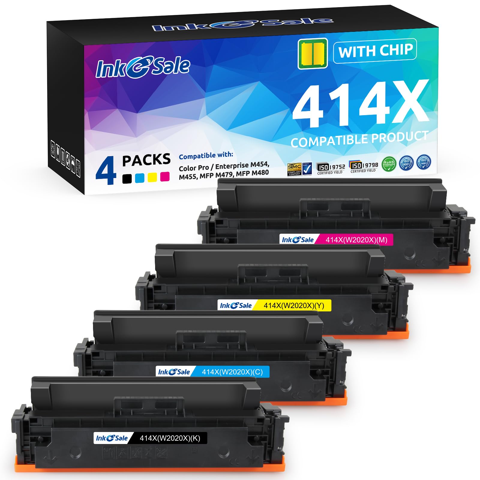 High-Yield 414X W2020X M479fdw Toner Cartridge 4-Pack [with Chip] - Compatible Replacement for HP Pro M454/M454dw/M454dn/MFP M479/M479fdw/M479fdn/M479dw Enterprise M455dn/MFP M480f Printers - Ideal for Office & High-Volume Printing