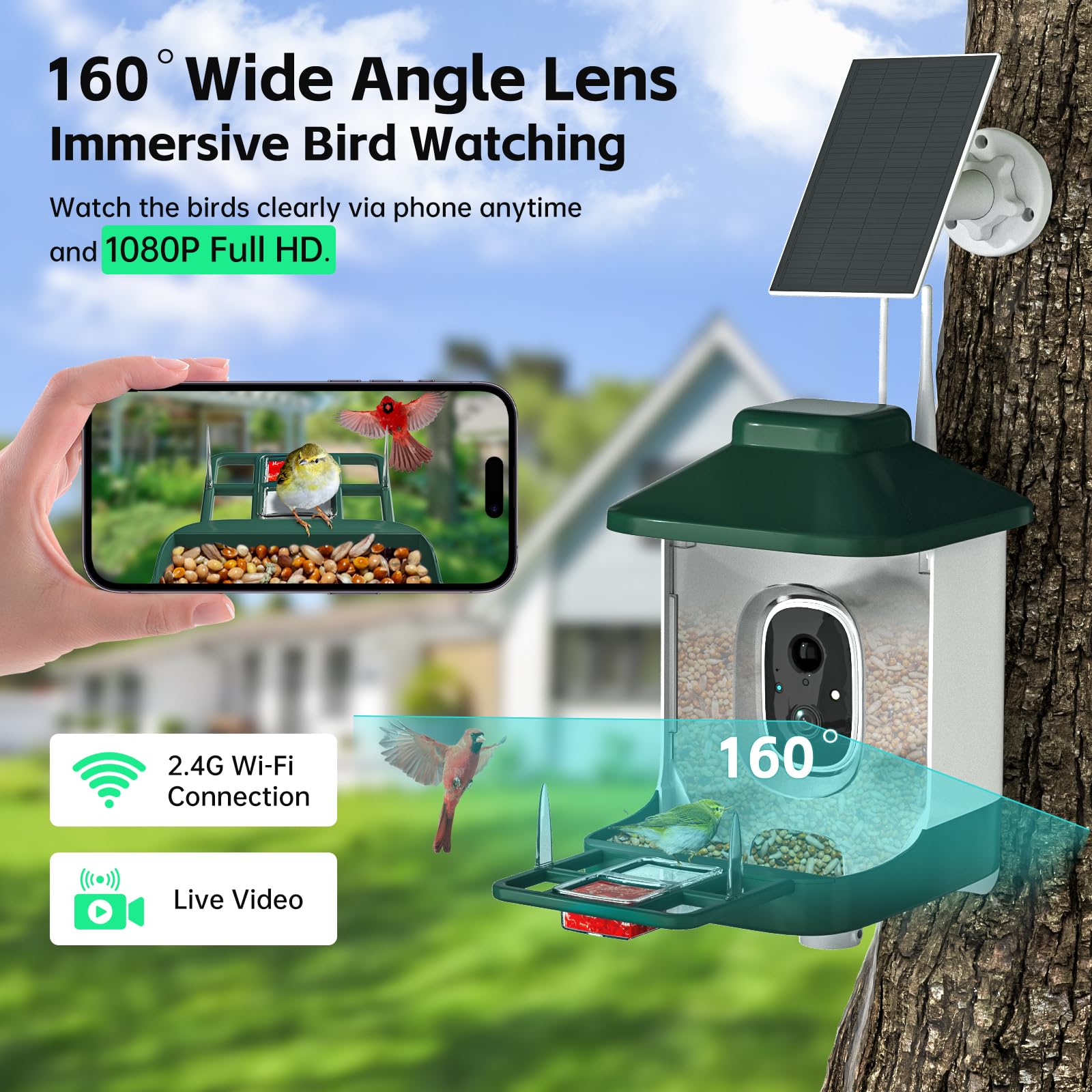 1 Year AI Smart Bird Feeder with Camera - Solar Powered 1080p Live Video, AI Bird Species Identification, 2.4Ghz WiFi & Instant Arrival Alerts - Perfect Gift for Bird Watchers & Nature Lovers - Ideal for Backyard Birdwatching, Wildlife Monitoring & Outdoor Enthusiasts