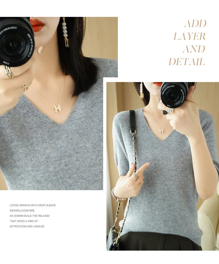 Solid Color V-Neck Half-Sleeve Cashmere Sweater for Women - Soft Thin Knit Casual Top for Office Wear & Fall Layering