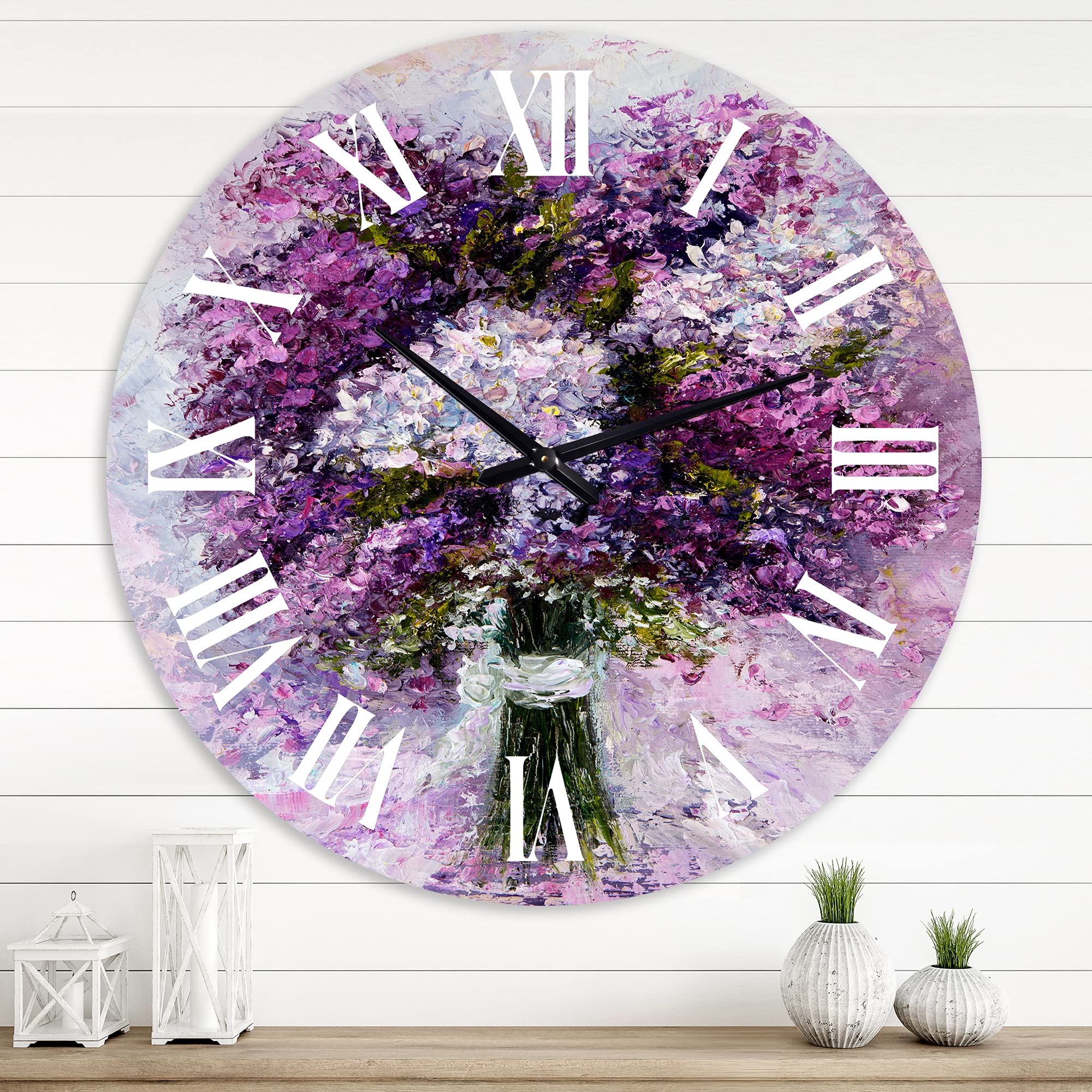 DesignQ Traditional Wall Clock 'Purple Hyacinth Bouquet' - Large Floral Botanical Wall Clock for Living Room, Bedroom, Office Decor - Perfect for Home, Office & Gift Giving