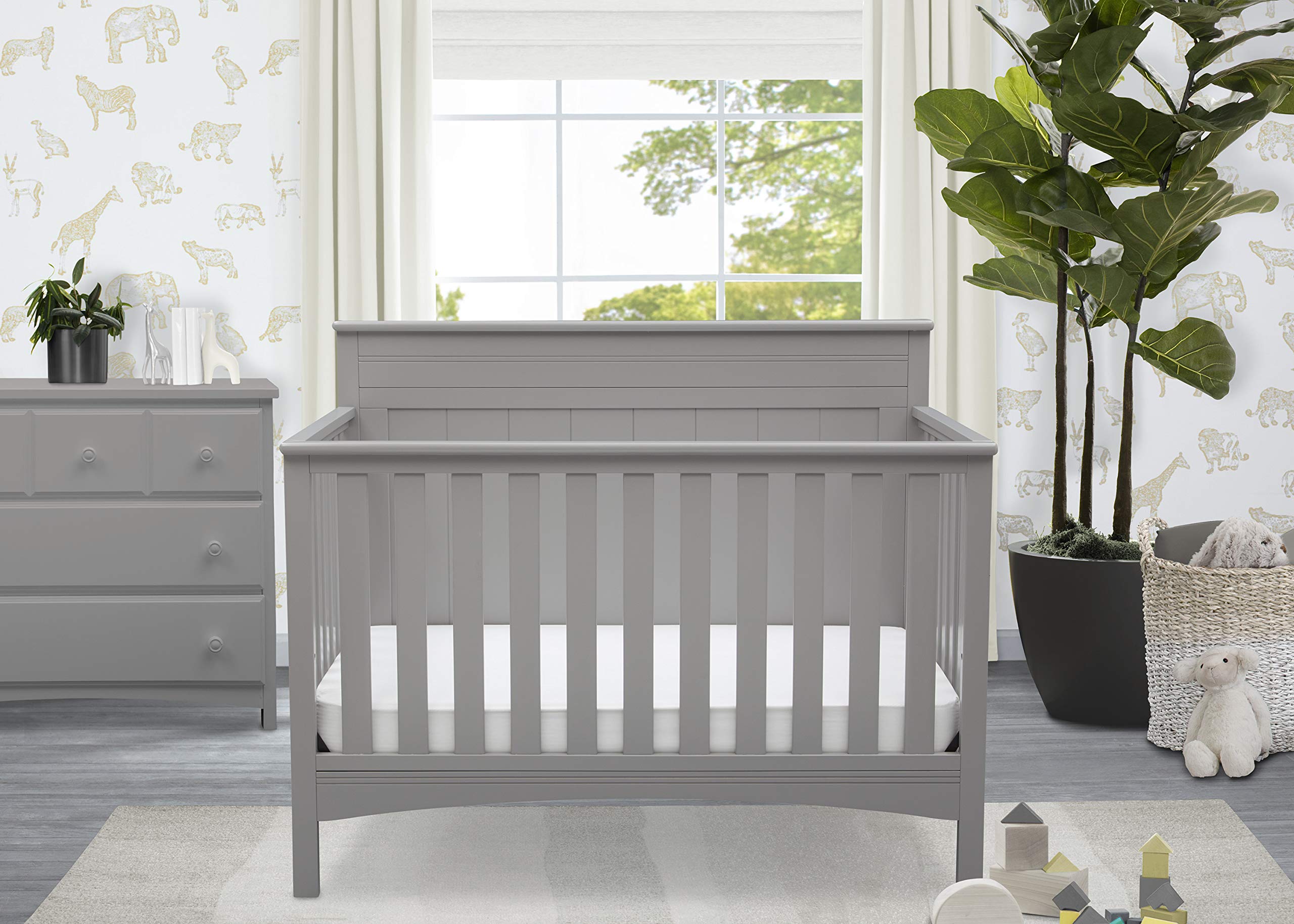 Delta Children 4-in-1 Convertible Crib with Serta Toddler Mattress - Grey Nursery Furniture Set | Safe Sleep Solution for Babies & Toddlers | Perfect for Modern Nursery, Daycare or Guest Room