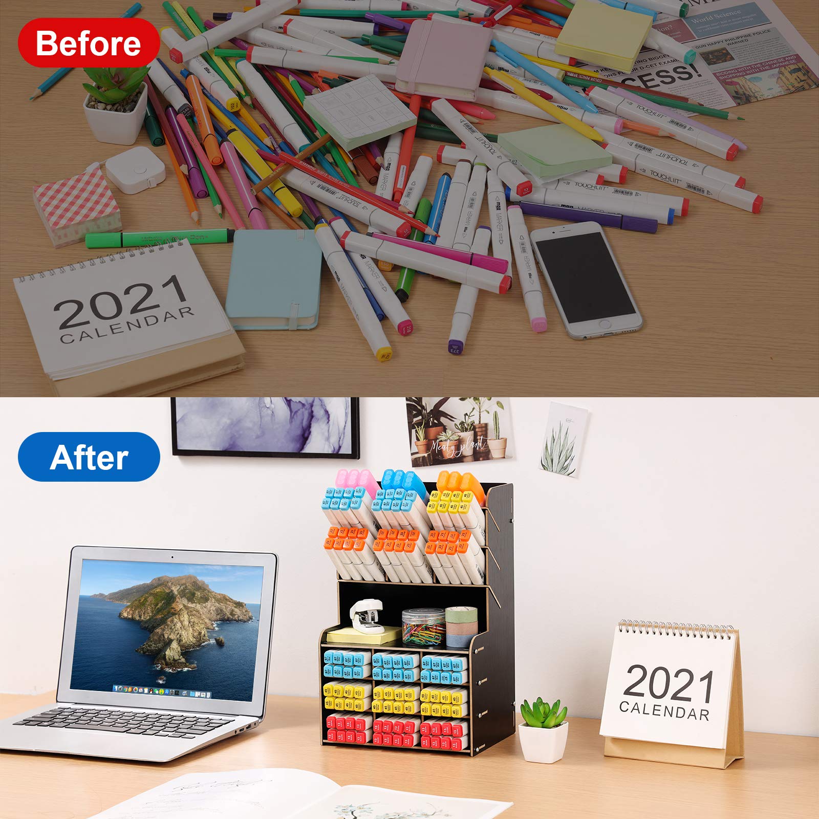 Upgraded Wooden Pencil Holder & Pen Organizer - Black Desktop Stationery Caddy for Art Supplies, Office & School | Easy Assembly Desk Organizer for Markers, Pens, Brushes & More
