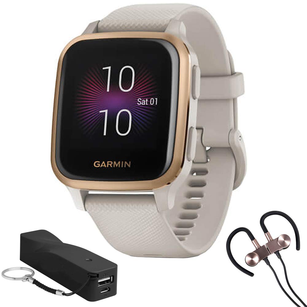 Garmin Venu SQ Music Edition Smartwatch - Light Sand with Rose Gold Bezel | Includes Portable Keychain Charger & Wireless Sport Earbuds | Fitness Tracking, Music Storage, Heart Rate Monitor for Running, Swimming & Daily Use