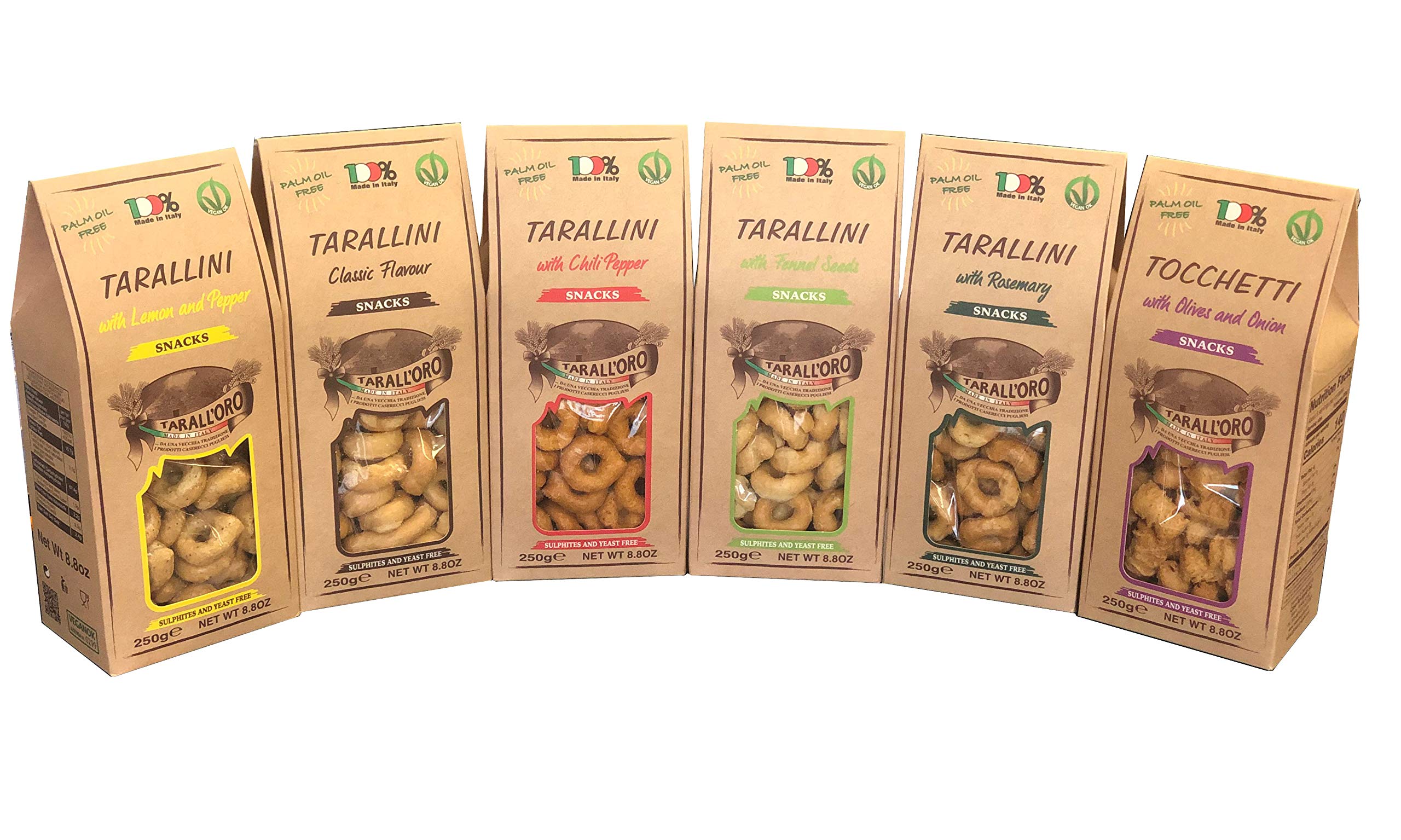 Premium Tarallini Italian Snacks - Mixed Pack of 6 Flavors (Classic, Fennel, Calzone, Lemon Pepper, Rosemary, Chili) | Authentic Pugliese Crackers for Parties, Wine Pairing & Gourmet Gifts