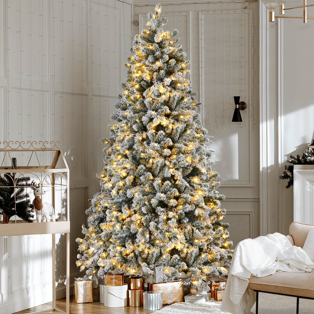 2.1m Snow Flocked Christmas Tree with LED Lights - 8 Lighting Modes, Pre-Lit Xmas Decoration for Home, Office & Holiday Party Decor
