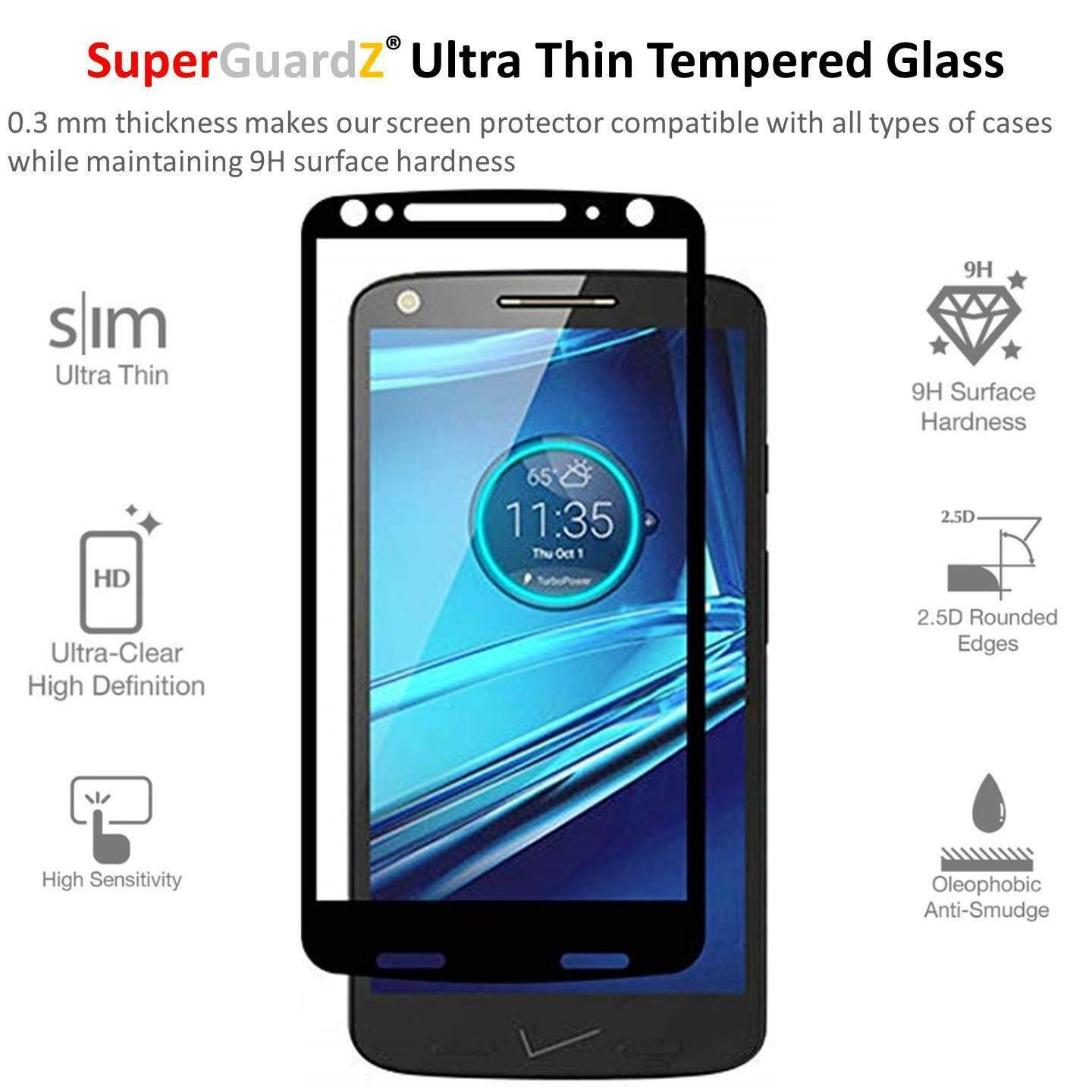 Motorola Moto Droid Turbo 2 Tempered Glass Screen Protector - Full Coverage, Edge-to-Edge, Anti-Scratch - SuperGuardZ with Lifetime Replacement + 2 Stylus Pens - Perfect for Daily Use, Gaming & Business Professionals