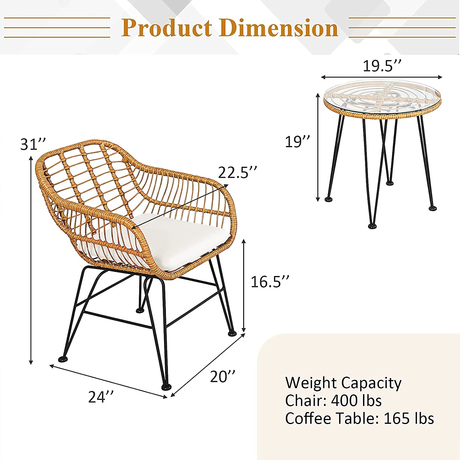 Topment 2-Piece Bistro Set with Rattan Chairs & Tempered Glass Table - Outdoor Patio Furniture with Removable Washable Beige Cushions - Perfect for Cafe, Balcony, Poolside, Garden, and Indoor Use (Pale Brown)