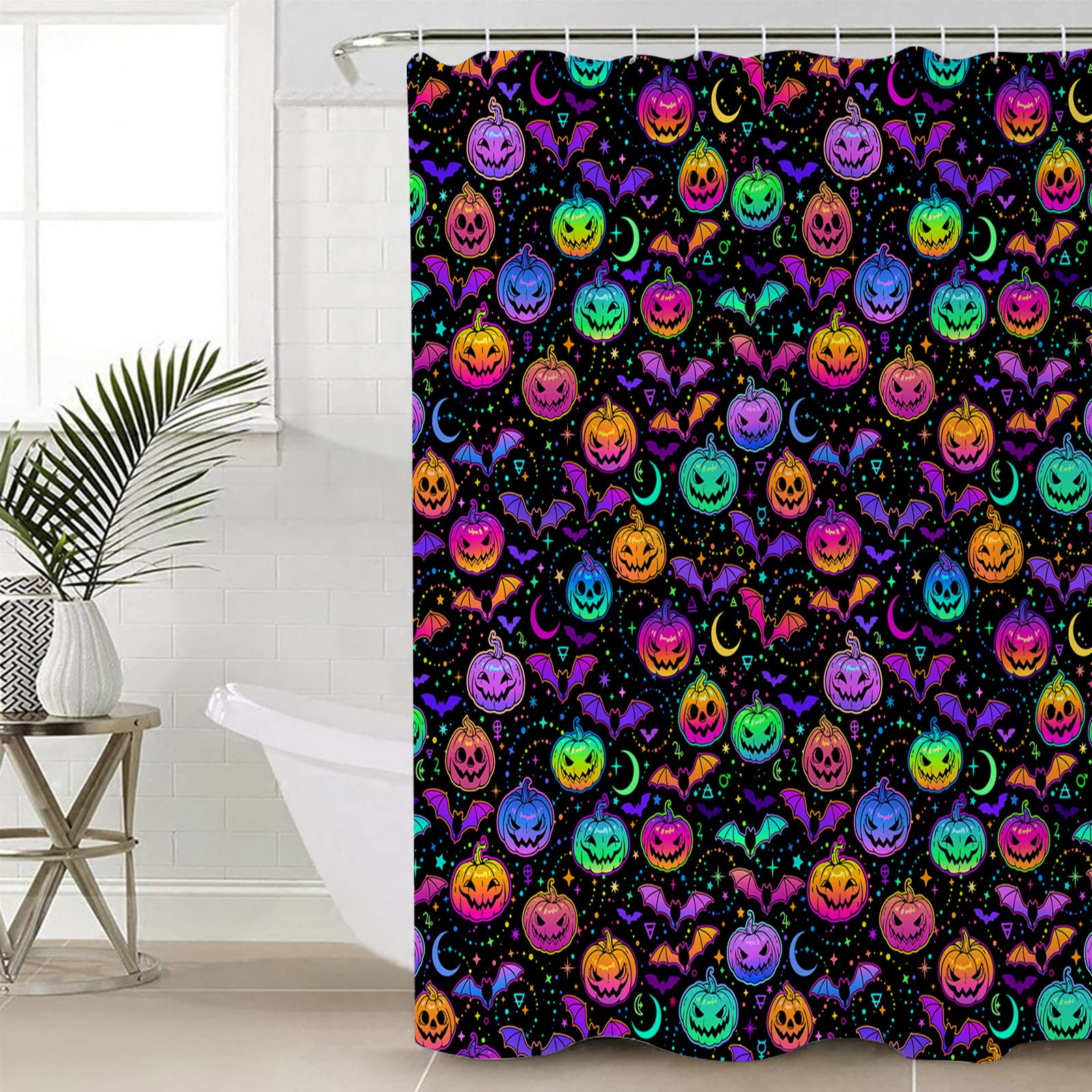 **4-Piece Halloween Pumpkin Grimace Bat Bathroom Mat Set - Non-Slip Shower Curtain, Toilet Seat Cover & Large Rugs (72x72in) - Spooky Bathroom Decor for Halloween & Fall Season**