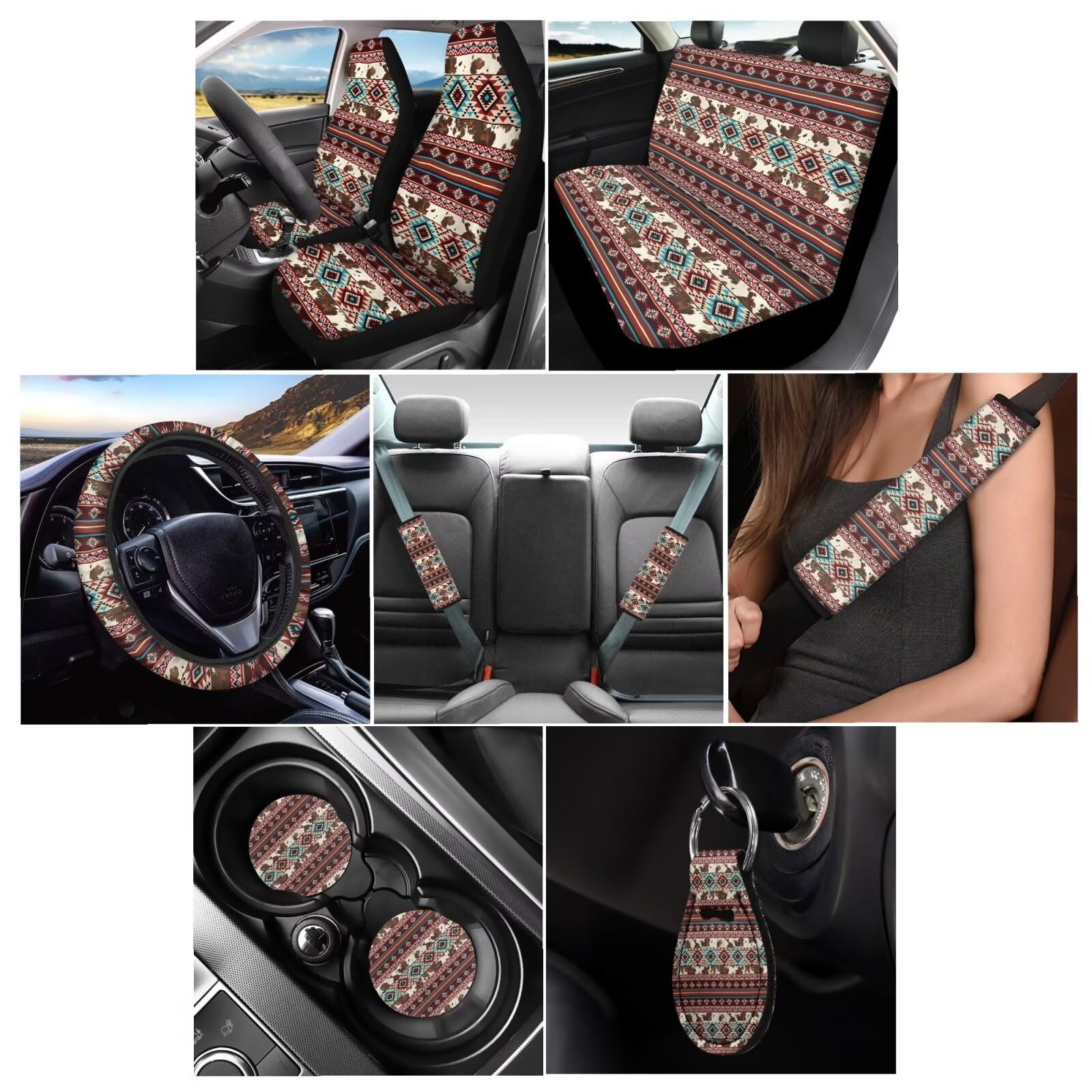 Aztec Brown Cow Print Car Accessories Set - 11 PCS Universal Car Seat Covers, Steering Wheel Cover, Seat Belt Pad & Cup Holder Key Chains for Most Vehicles | Perfect for Road Trips, Daily Commute & Car Interior Decoration