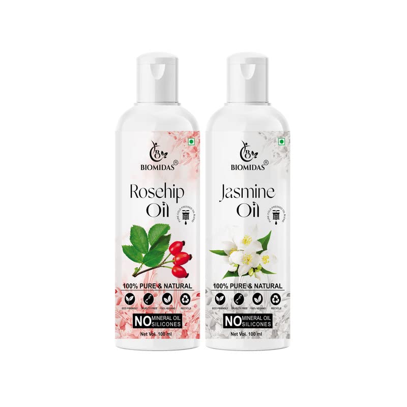 Biomidas 100% Pure Rosehip Oil & Jasmine Oil Combo (100ML Each) - Natural Hair Growth Treatment for Anti Hair Fall, Split Ends Repair & Shiny Hair Care | Pack of 2 | Perfect for Daily Scalp Massage & Overnight Hair Mask