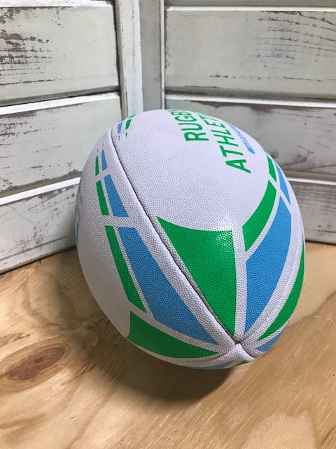 Premium Size 5 Rugby Ball - White with Baby Blue & Lime Green Stripes - Perfect for Training, Matches, and Outdoor Sports Activities