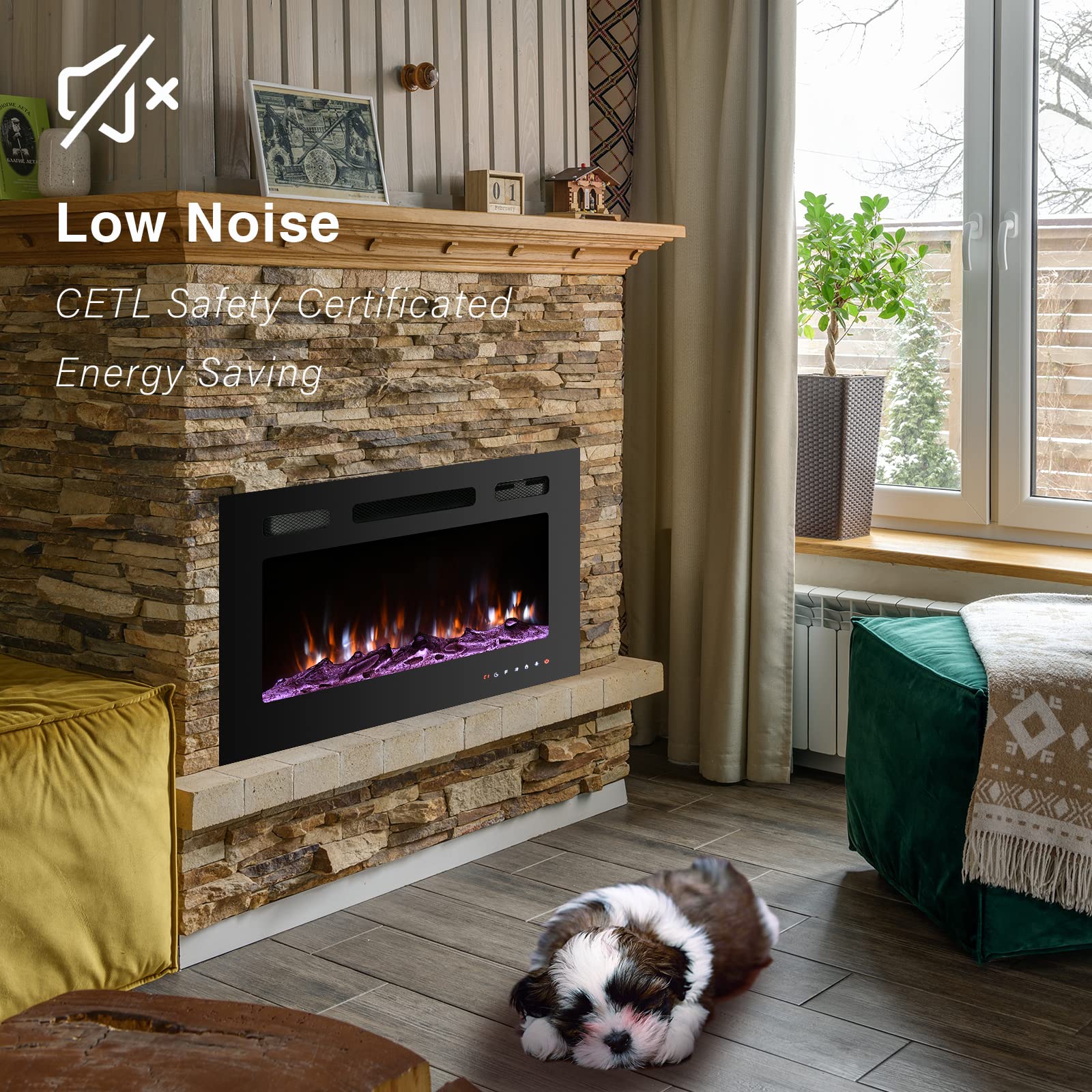 36 Inch Recessed Electric Fireplace Insert - Wall Mounted LED Fireplace with Logs & Crystal, 750W/1500W - Quiet Linear Fireplace for Living Room, Bedroom & Office - Perfect for Home Decor & Winter Heating