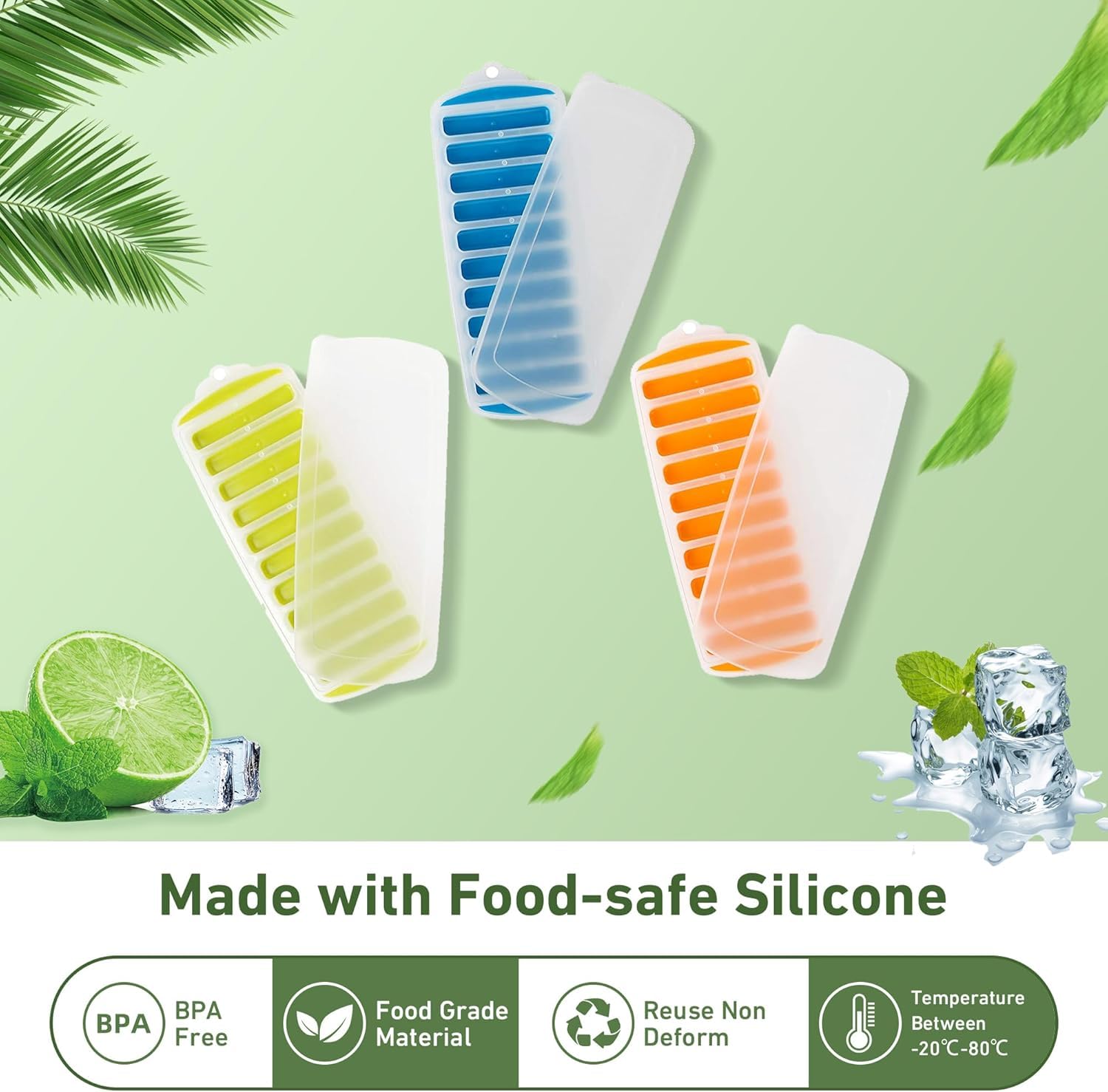 Lily's Home Silicone Ice Cube Tray Set - 3-Piece Quick Freeze Ice Trays with Lids, Makes 30 Cubes (10 Slots Each) - Perfect for Cocktails, Iced Coffee & Beverage Cooling - BPA-Free Flexible Ice Cube Molds for Home & Bar Use