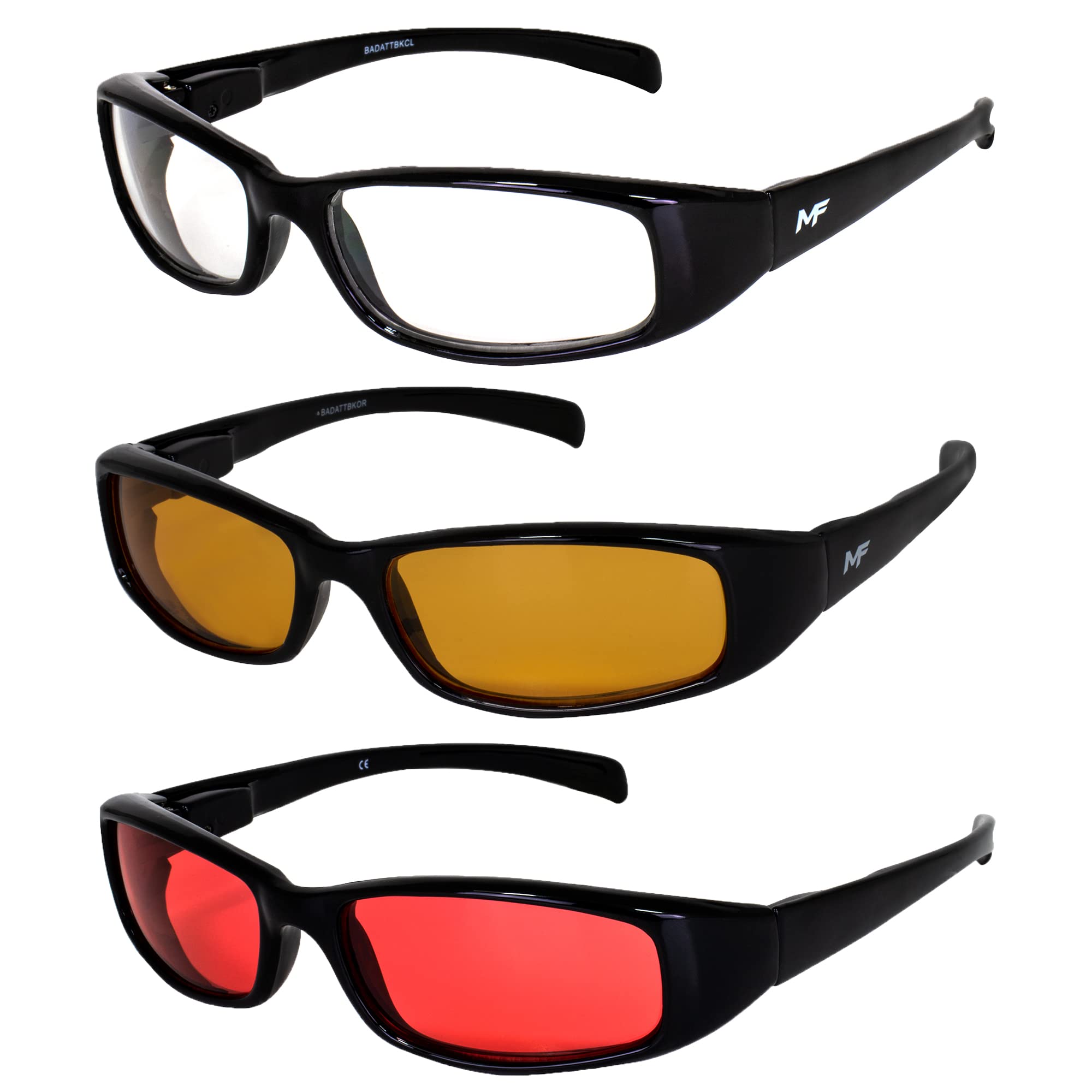 3 Pairs MF Eyewear Bad Attitude Motorcycle Glasses - Shatterproof Polycarbonate Black Frame, UV400 Protection, Scratch-Resistant Lenses (Clear/Orange/Red) for Motorcycle Riding, Cycling & Outdoor Sports