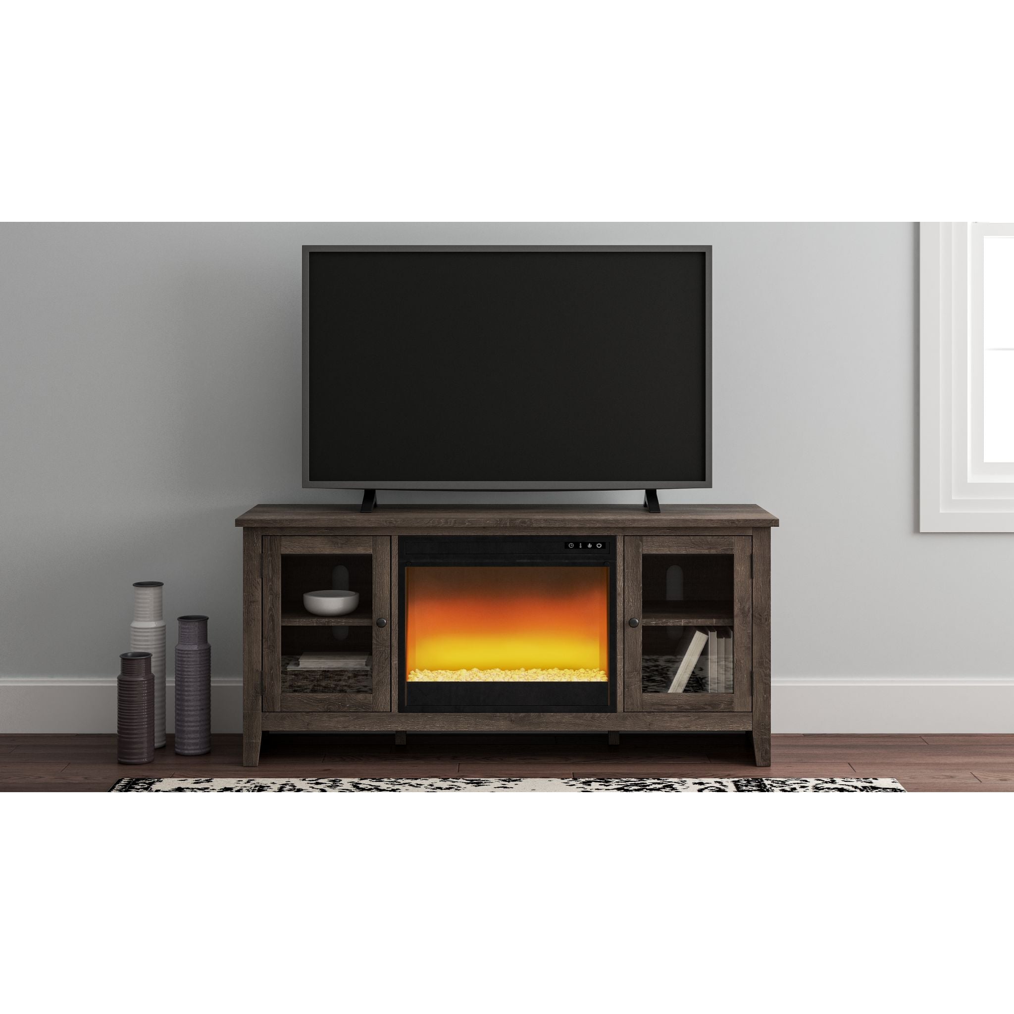 Arlenbry Gray Fireplace Credenza - Modern TV Stand with Electric Fireplace for Living Room, Bedroom & Office