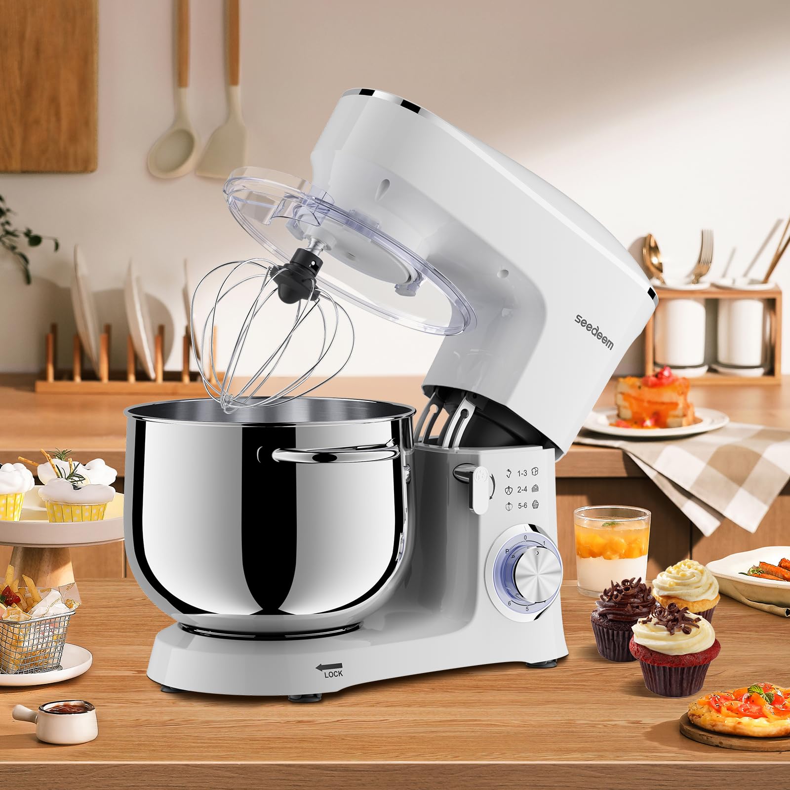 SEEDEEM 8.5 Qt Stand Mixer, 660W Powerful Electric Kitchen Mixer with 6+ Speeds, Tilt-Head Design & Dishwasher-Safe Attachments (Dough Hook, Wire Whip, Beater) - Perfect for Baking Bread, Cookies, Cakes & More - White