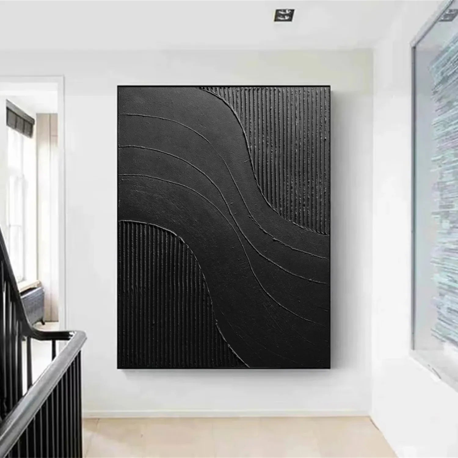 Black Minimalist Textured Painting Canvas #MZ104 - Modern Abstract Wall Art for Living Room, Bedroom & Office Decor