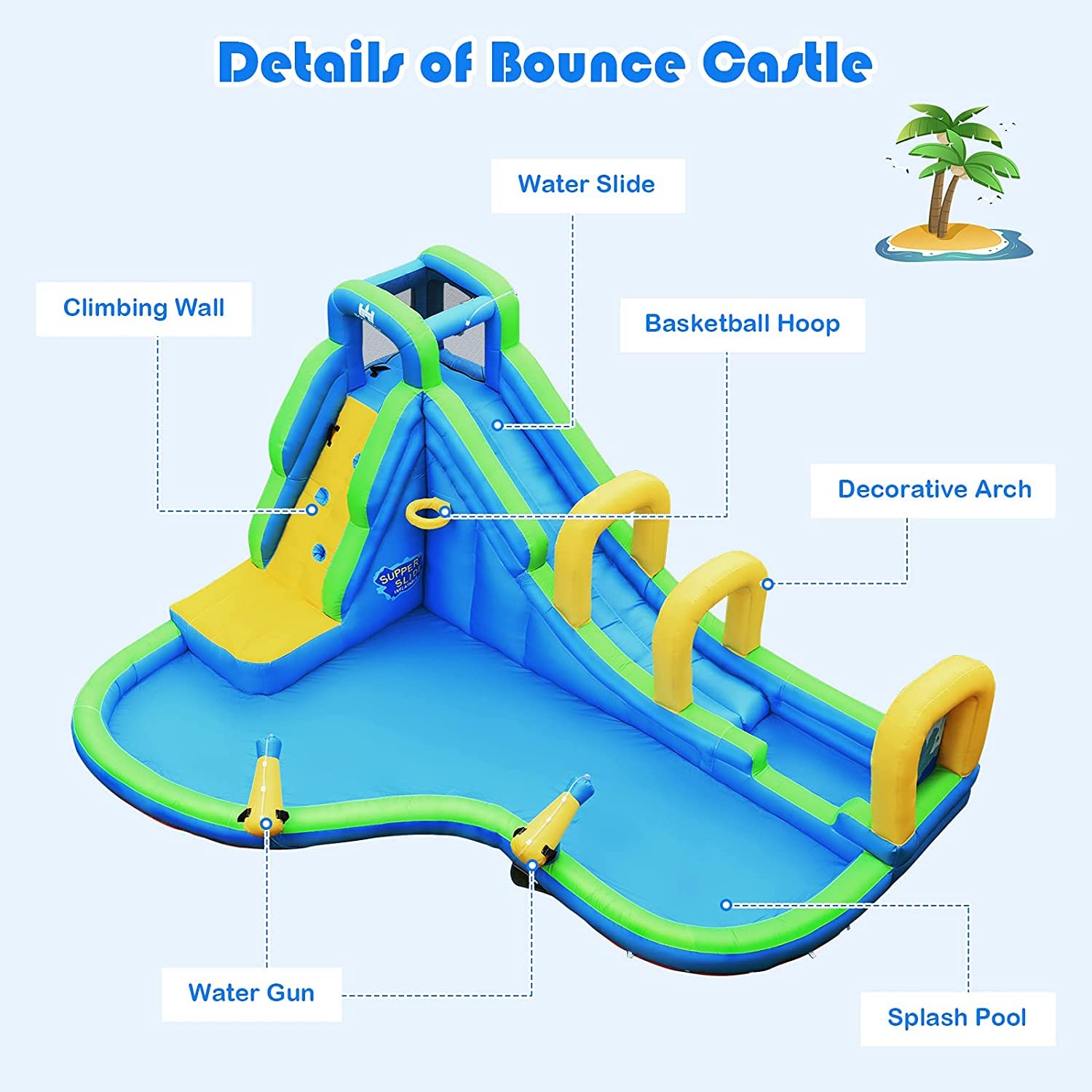 **HONEY JOY 5-in-1 Inflatable Water Slide Park with Water Cannons & Long Slide - Indoor/Outdoor Bouncy Castle for Kids & Adults - Backyard Summer Fun (Includes 735W Blower)**    **Perfect for backyard parties, family gatherings, summer celebrations, and outdoor water play!**