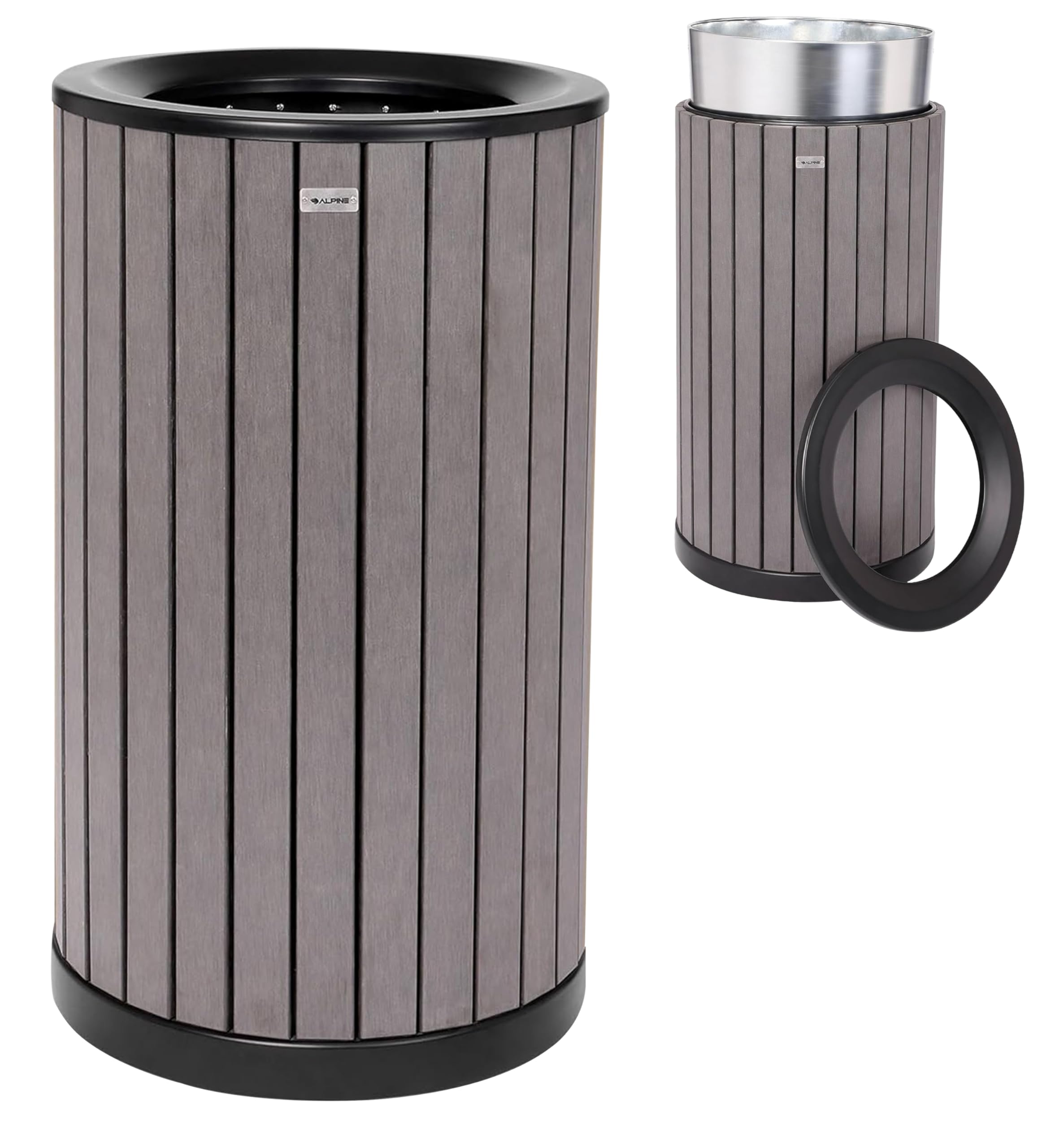 32 Gallon Heavy Duty Commercial Outdoor Trash Can - Durable Industrial Garbage Bin with Plastic Panels for Patio, Parks, Trails & Resorts - Flat Lid Grey - Perfect for High Traffic Areas, Campgrounds & Public Spaces