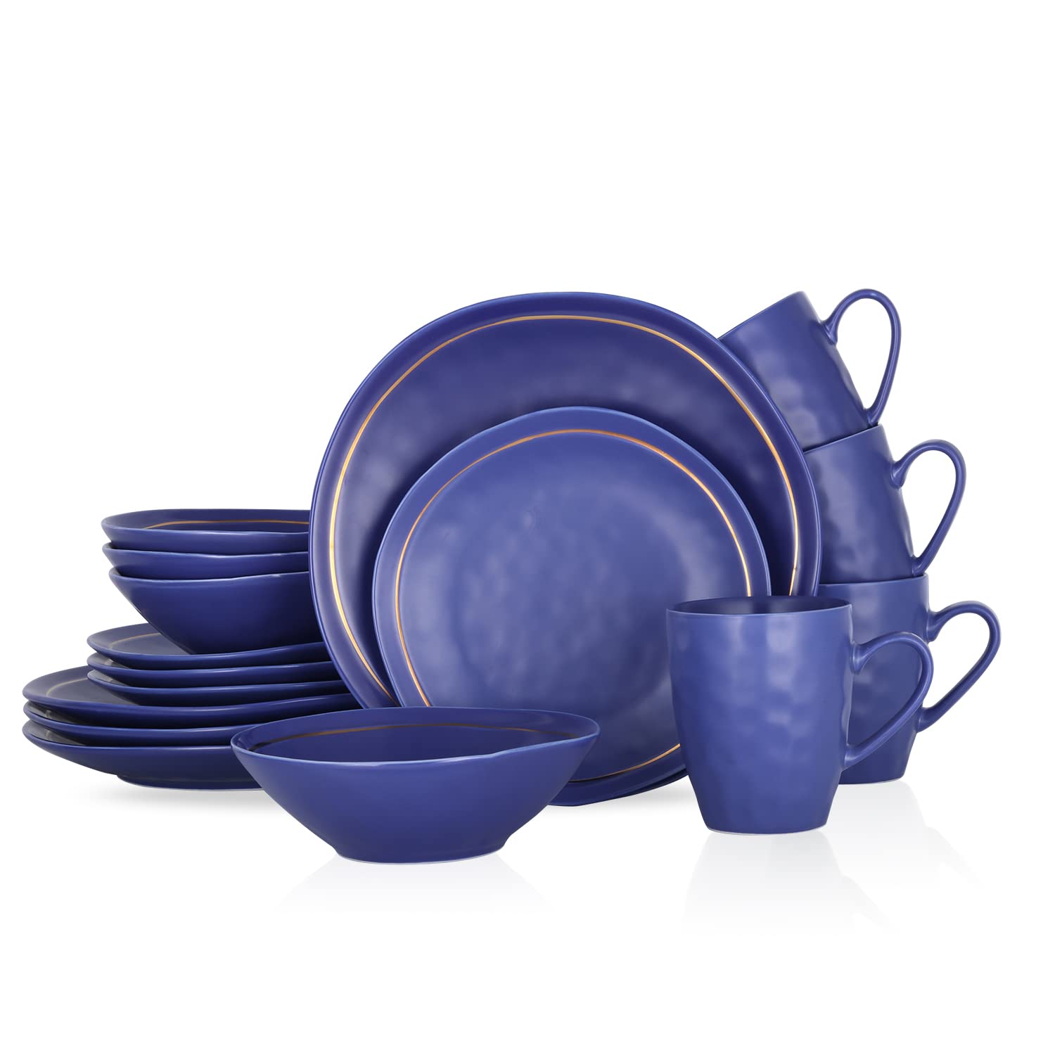 Clara Porcelain 16-Piece Round Dinnerware Set in Blue - Stone Lain Elegant Dinner Plates, Bowls & Mugs for 4 People - Perfect for Family Dinners, Holiday Entertaining & Restaurant-Style Dining