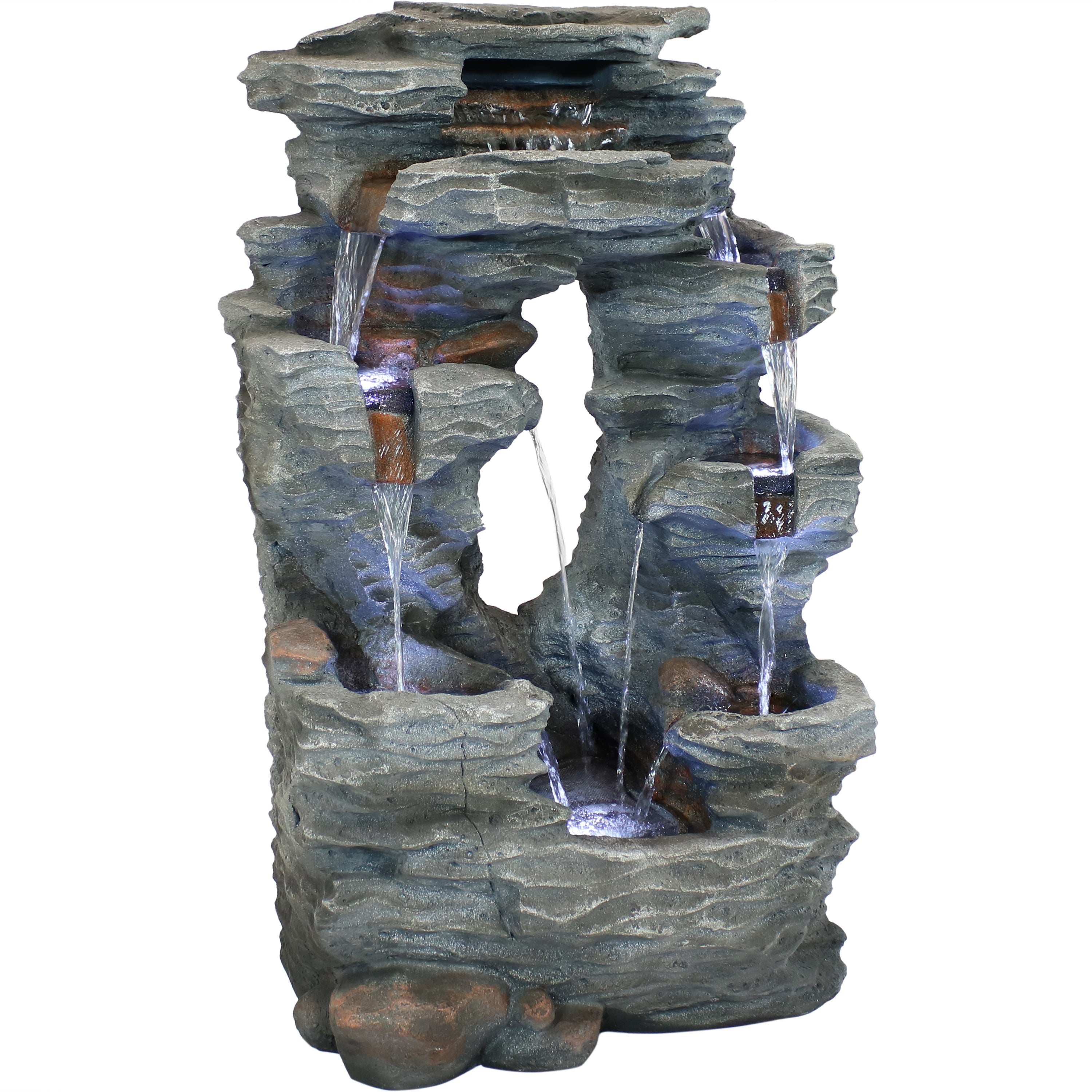 Outdoor Solar-Powered Dual Cascading Rock Waterfall Fountain with LED Lights & Submersible Pump - Perfect for Garden, Patio, and Backyard Decor