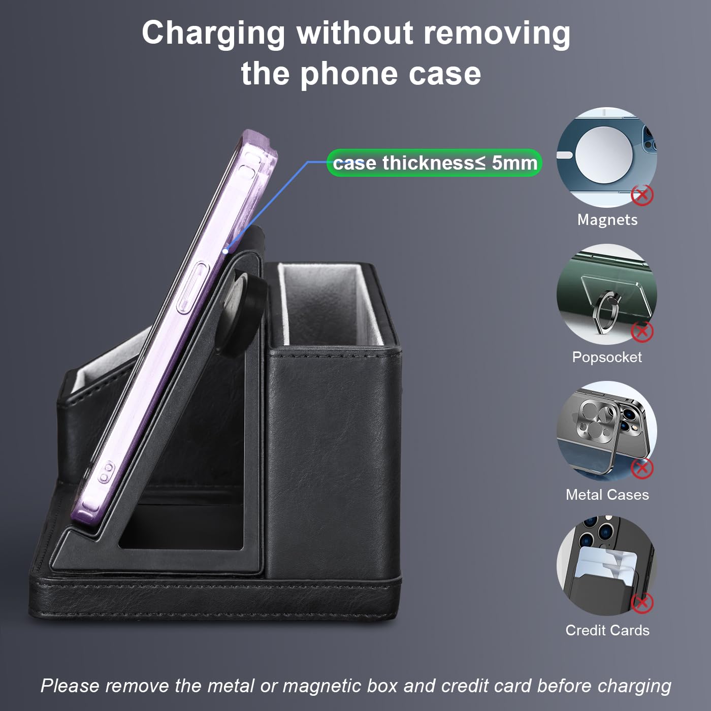 Premium Black Leather Desk Organizer with Wireless Charging Station | Office Desk Accessories Set | Pen Holder, Remote Control Organizer & Phone Charger | Perfect for Home Office, Nightstand & Workspace Organization