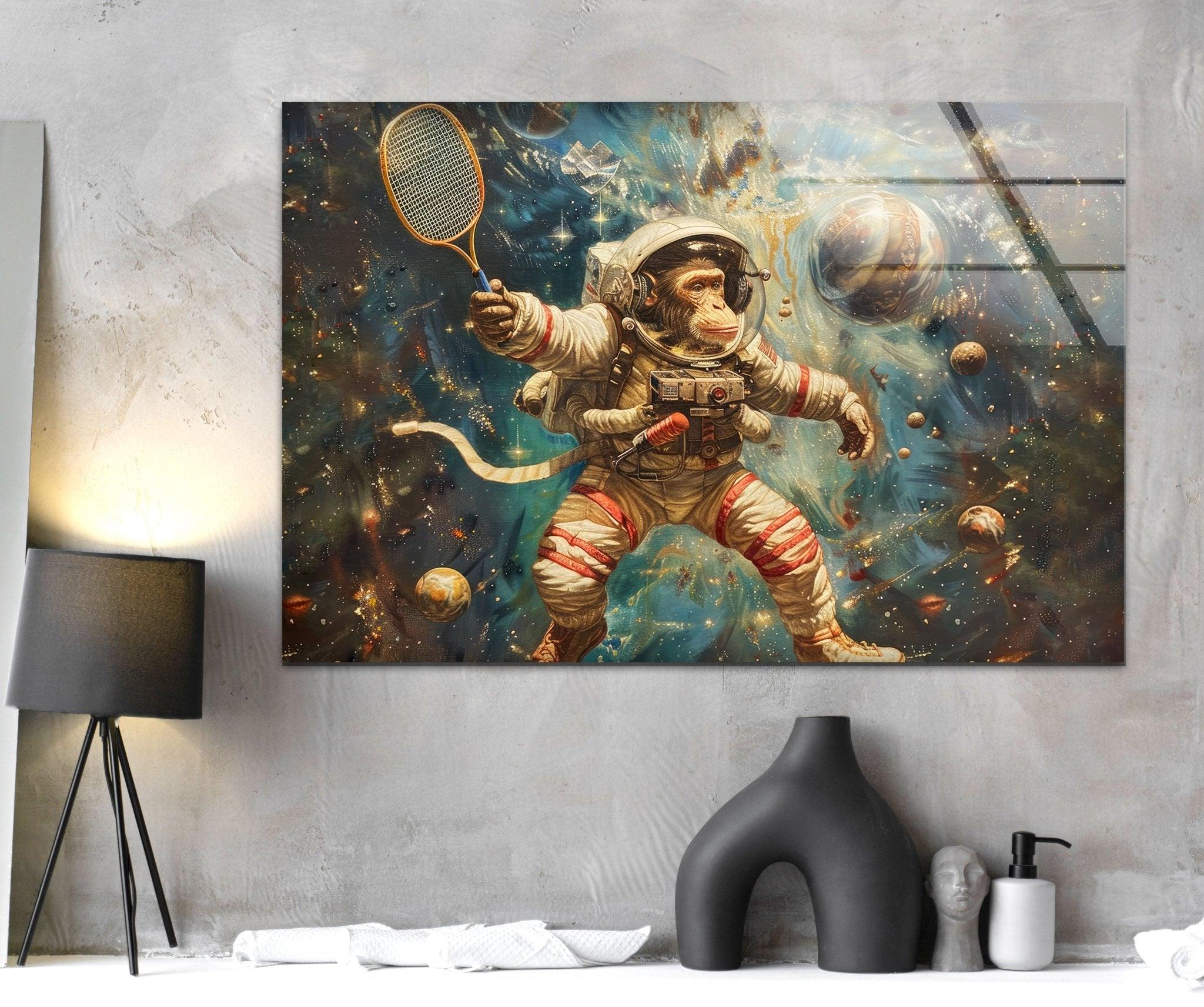 Astronaut Monkey Glass Wall Art - Unique Space Themed Home Decor for Living Room, Bedroom & Office - Perfect Gift for Sci-Fi & Space Lovers
