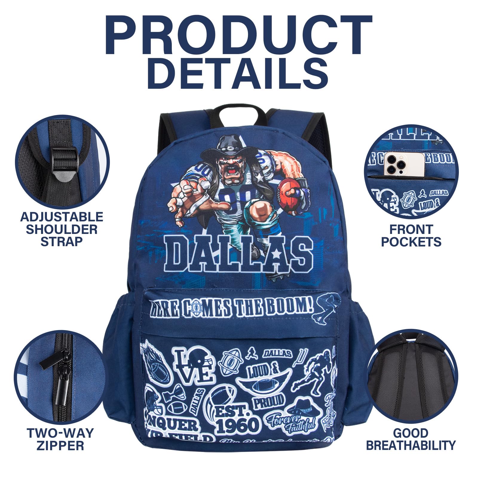 Football Style Backpack - Large Capacity Blue Team Sports Bag for Men & Women | Durable Laptop Backpack for Travel, School & Daily Use | Perfect Football Gift for Players & Fans