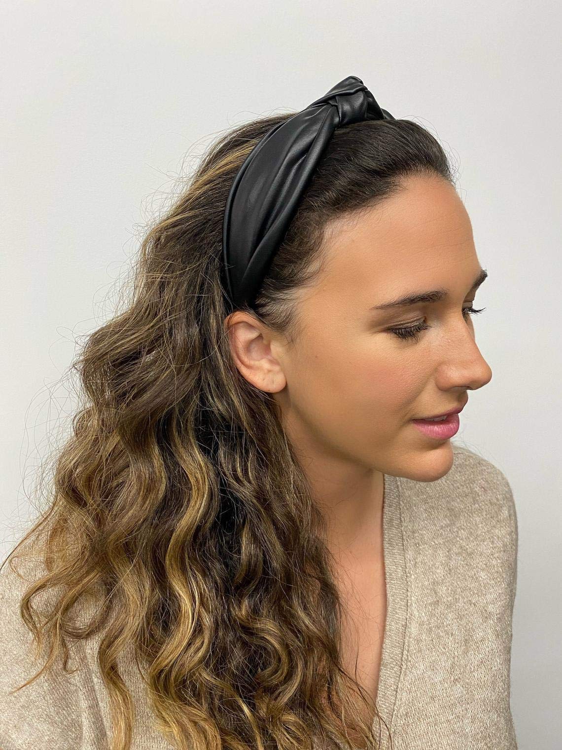 Huachi Women's Black Leather Knotted Headband - Stylish Top Knot Hair Accessory for Girls & Women | Perfect for Workouts, Yoga, and Everyday Fashion