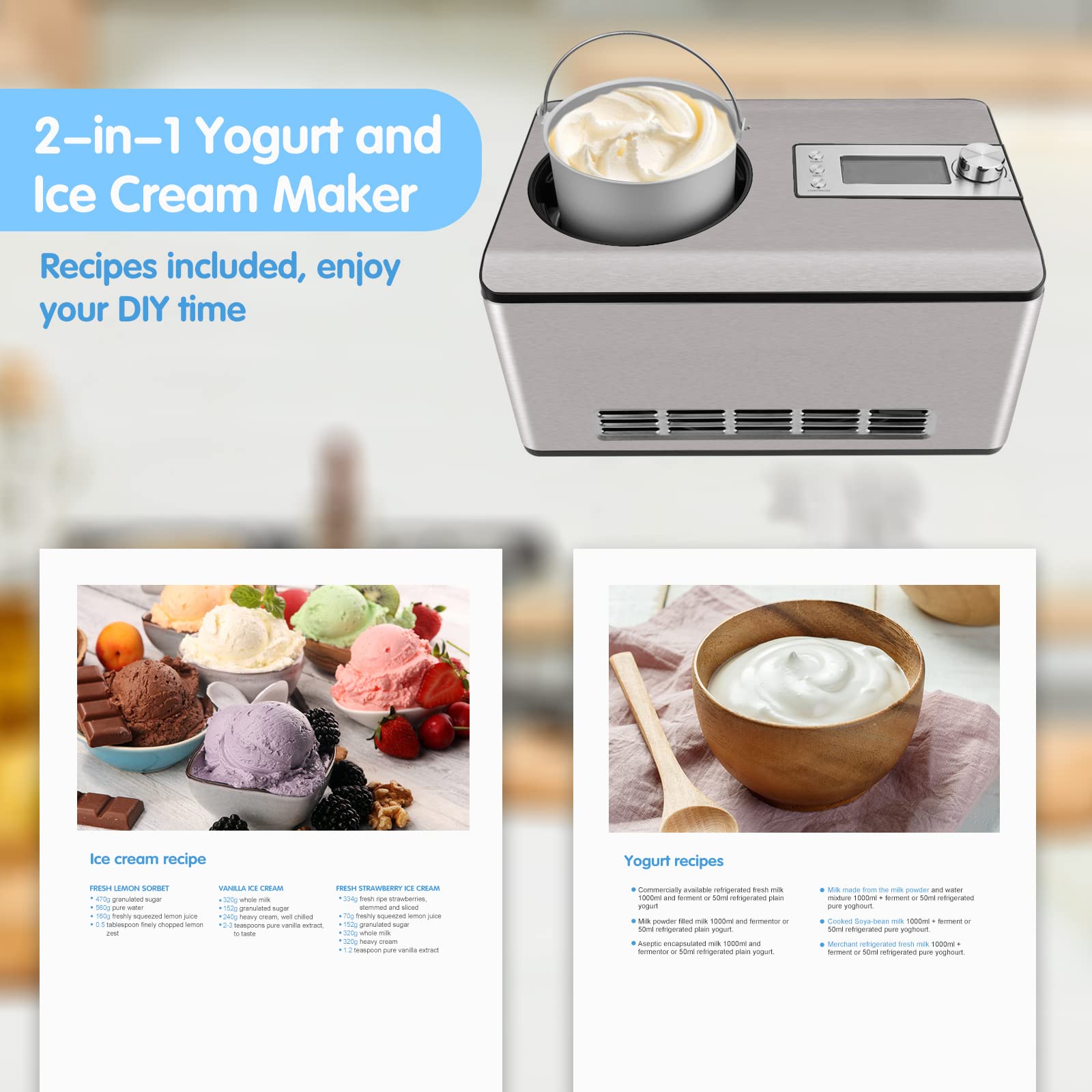 KUMIO 2.2-Quart Automatic Ice Cream Maker with Built-in Compressor - No Pre-Freezing Required, Stainless Steel Electric Ice Cream & Yogurt Machine with LCD Display & Timer, 180W - Perfect for Homemade Gelato, Sorbet, Frozen Yogurt & Fruit Desserts