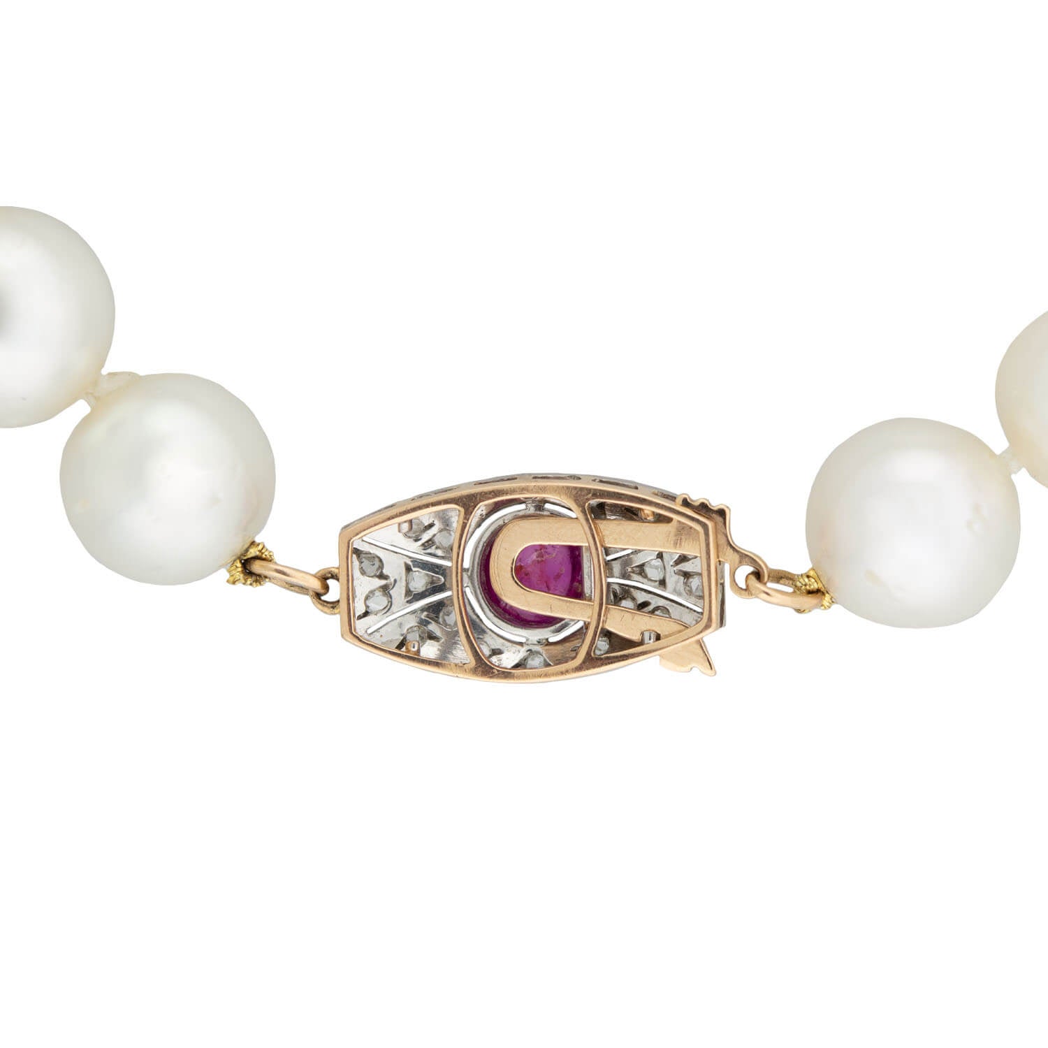 Luxury Edwardian South Sea Pearl Necklace with Diamond & Ruby Clasp - Elegant Vintage Jewelry for Weddings, Anniversaries & Special Occasions