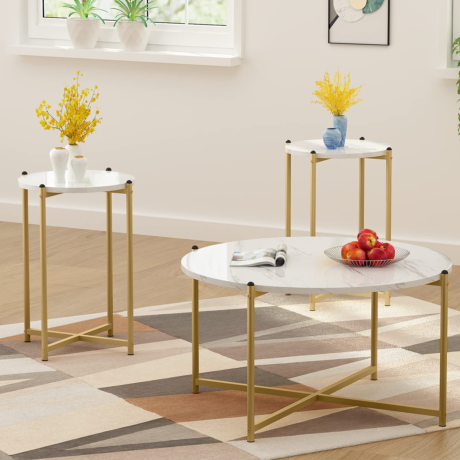 DKLGG Faux Marble Coffee Table Set of 3 - Round Coffee Table & 2 End Tables with Sturdy Metal Frame, Modern Sofa Side Tables for Living Room, Apartment, Lounge | Perfect for Coffee, Books & Decor Display
