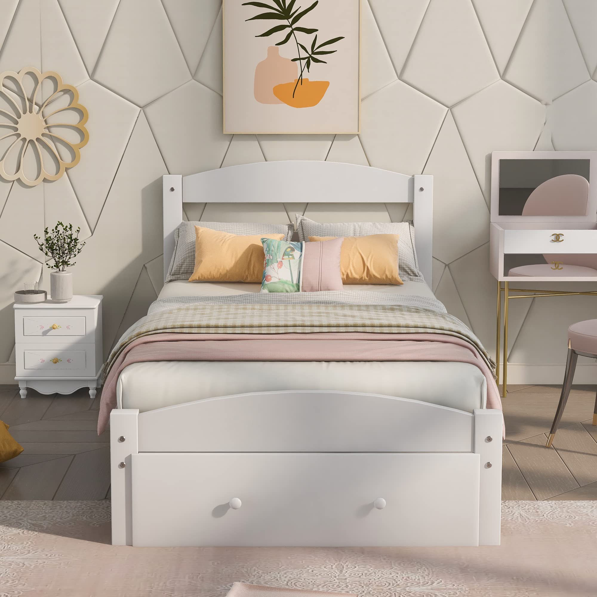 Rhomtree Twin Size Wood Platform Bed Frame with Storage Drawers & Wood Slat Support - No Box Spring Needed, White - Perfect for Kids Bedroom, Guest Room or Small Space Daybed