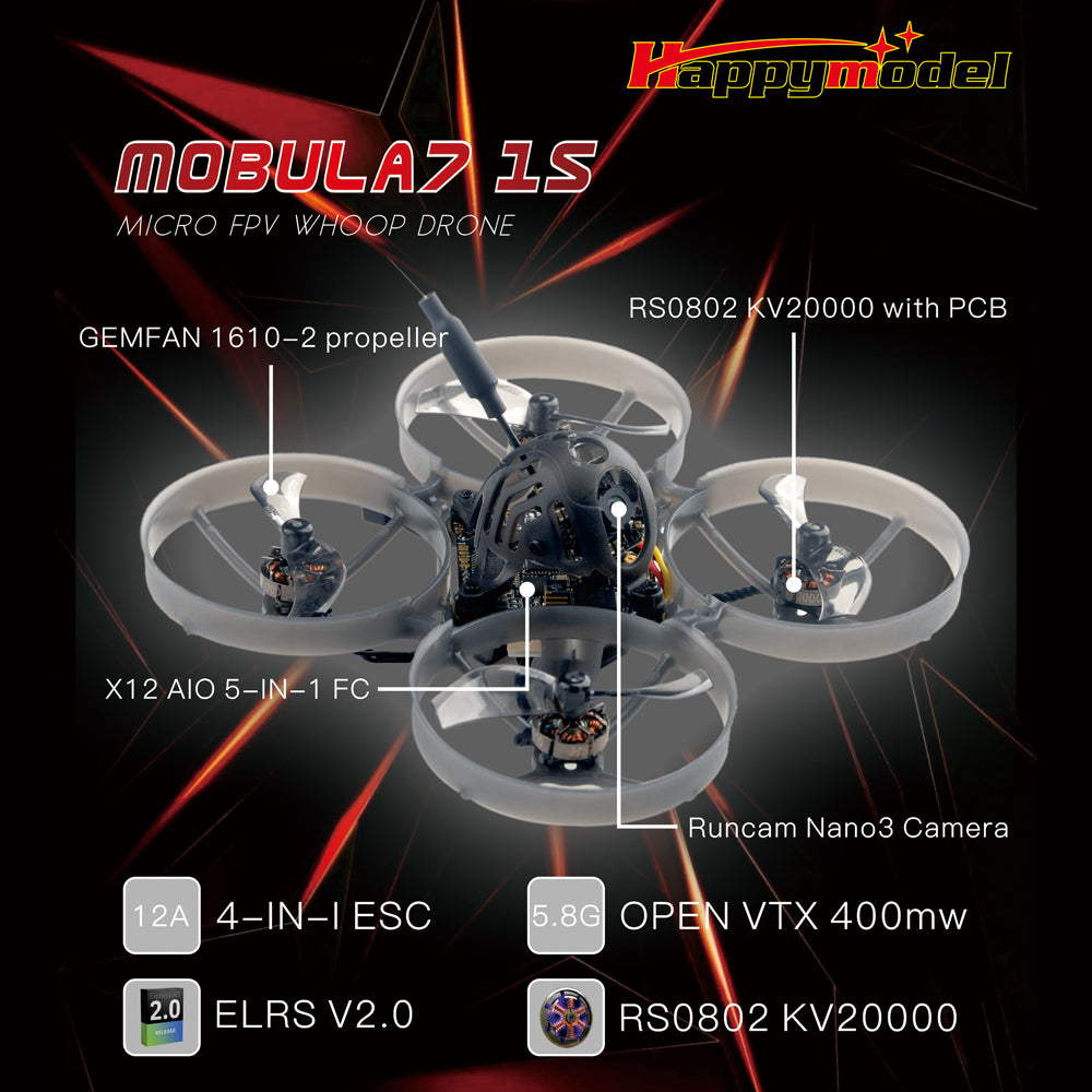 **Happymodel Mobula7 1S Micro FPV Whoop Drone - BNF/PNP Version - Indoor Racing & Freestyle Drone for Beginners & Enthusiasts**