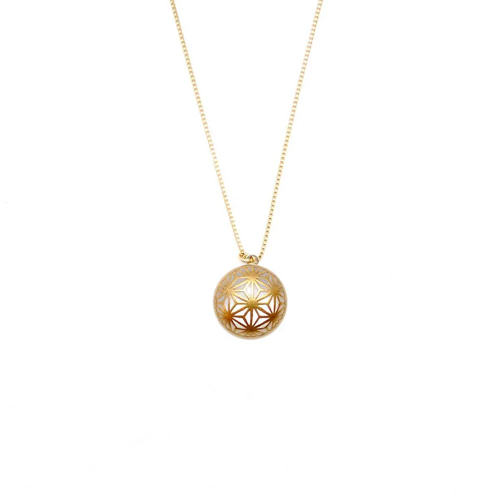 Handcrafted Japanese Maki-e Urushi Lacquer Pendant Necklace with White South Sea Pearl Shell & Geometric Hemp Leaf Design - Traditional Artisan Jewelry for Women, Gift for Special Occasions, Wedding, Anniversary & Formal Events
