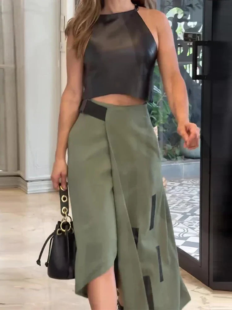 Stylish Women's PU Leather Vest & Skirt Set - Sleeveless Cropped Top with High-Slit Pencil Skirt | Trendy Streetwear Outfit for Party, Club & Night Out