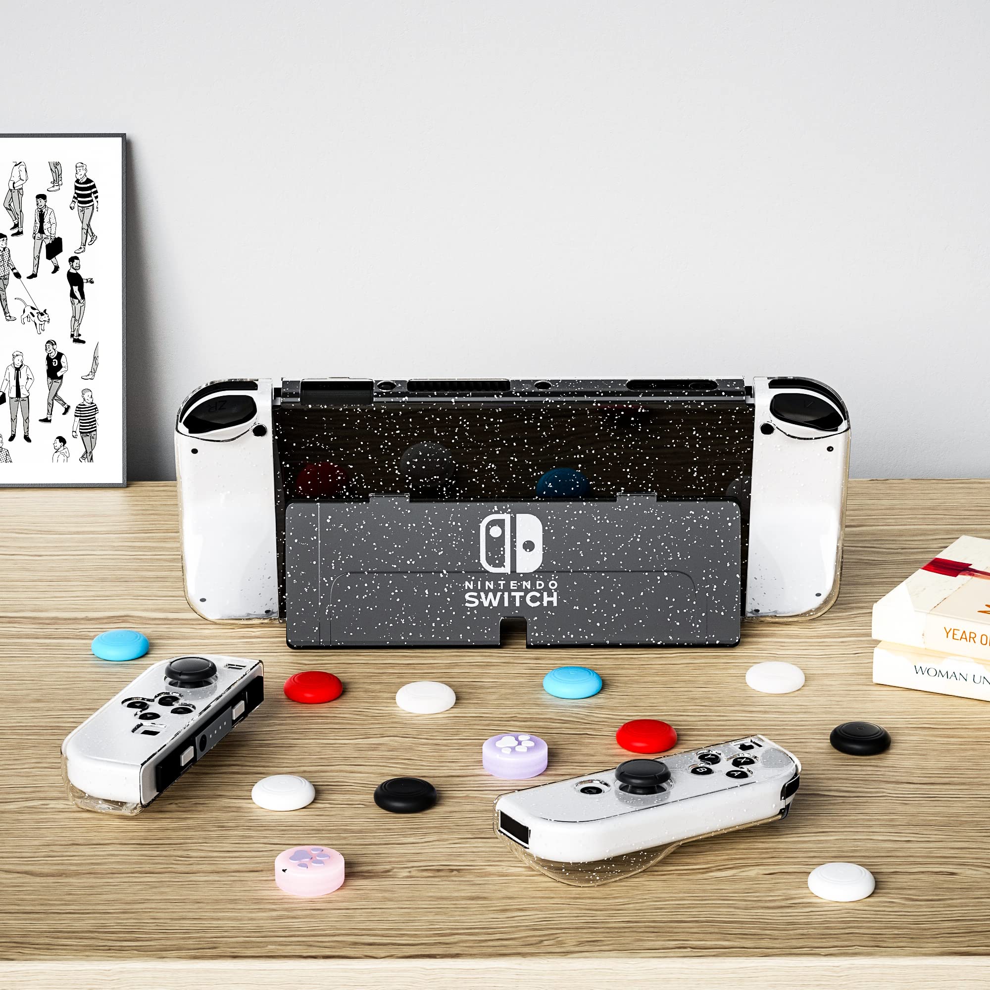 FUNDIARY Glitter Dockable Protective Case for Nintendo Switch OLED - Shockproof TPU Shell with Comfort Grip, 12 Thumb Caps & Screen Protector | Perfect for Gaming, Travel & Home Entertainment