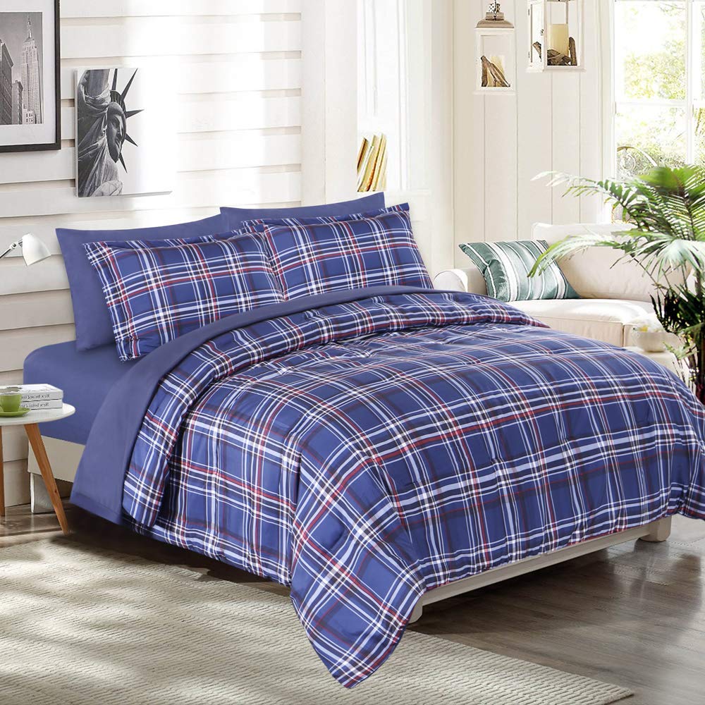 EMME 7-Piece Queen Comforter Set with Sheets - All Season Plaid Bedding Set Includes 1 Comforter, 1 Flat Sheet, 2 Pillowcases & 2 Shams - Perfect for Master Bedroom, Guest Room & Dorm Decor