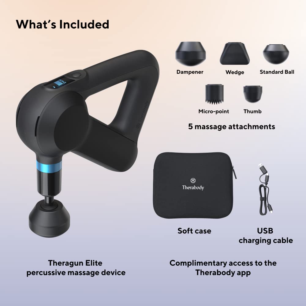TheraGun Elite Percussion Massage Gun - Ultra Quiet Deep Tissue Muscle Pain Relief, Portable Electric Massager with Bluetooth & USB-C Charging (5th Gen) - Perfect for Athletes, Post-Workout Recovery & Home Use