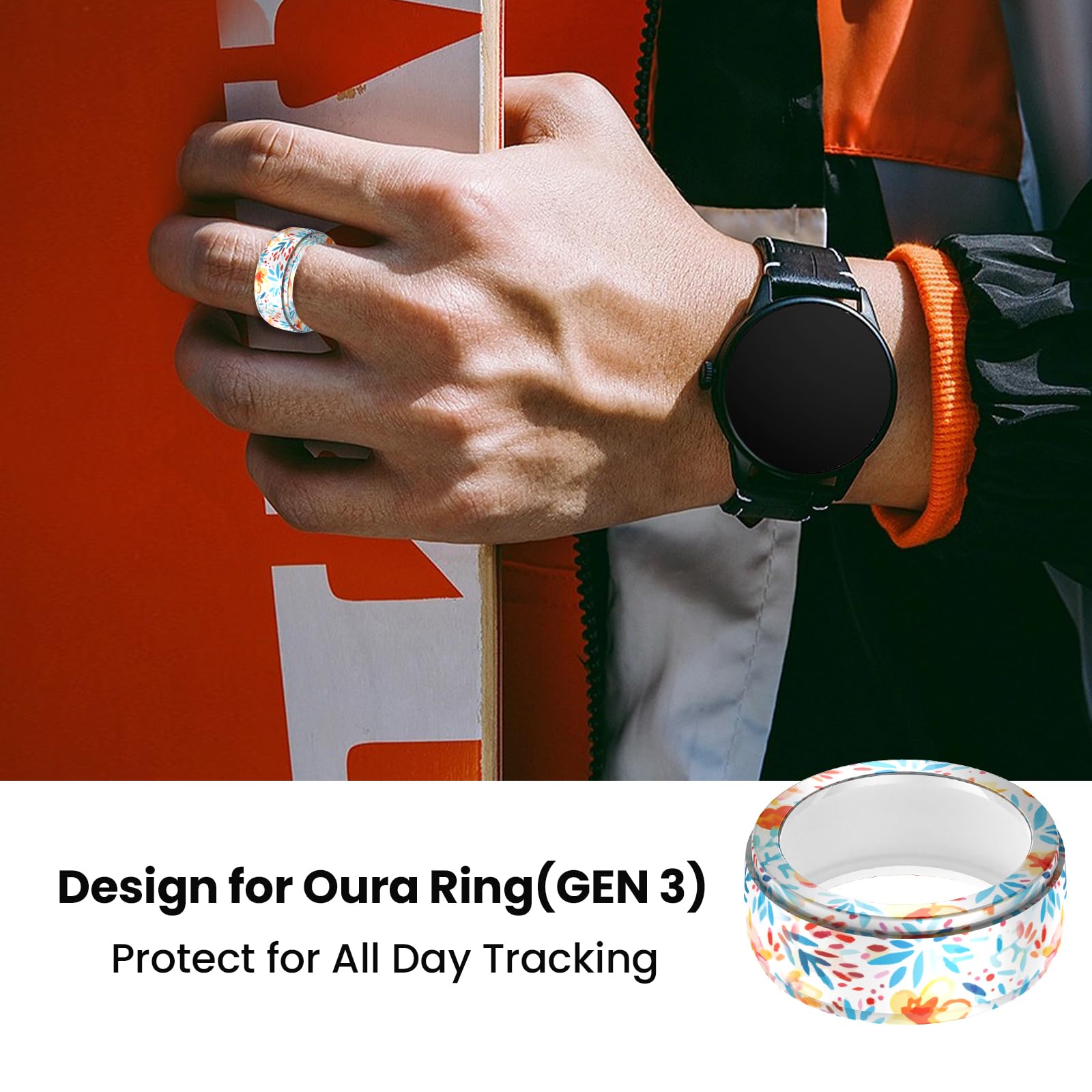 Silicone Ring Cover for Samsung Galaxy Ring & Oura Ring Gen 3/4 - Elastic Protective Case for Workouts, Sports & Daily Wear - Universal Fit (Size M: 11-15) - FlowersB Design - Unisex Accessory for Men & Women