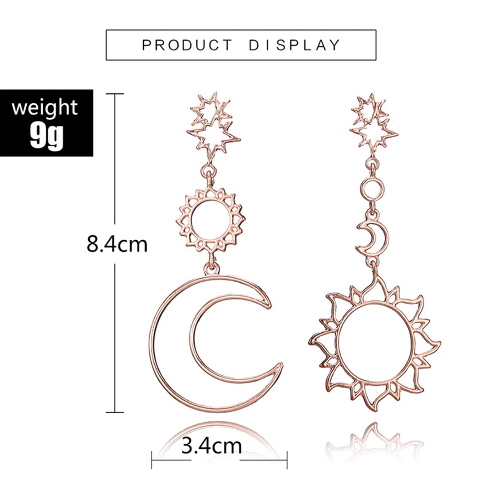 YienDoo Rose Gold Sun and Moon Dangle Earrings - Asymmetrical Crescent Star Stud Hoop Drop Earrings for Women | Perfect for Parties, Weddings, and Everyday Fashion Jewelry Gifts
