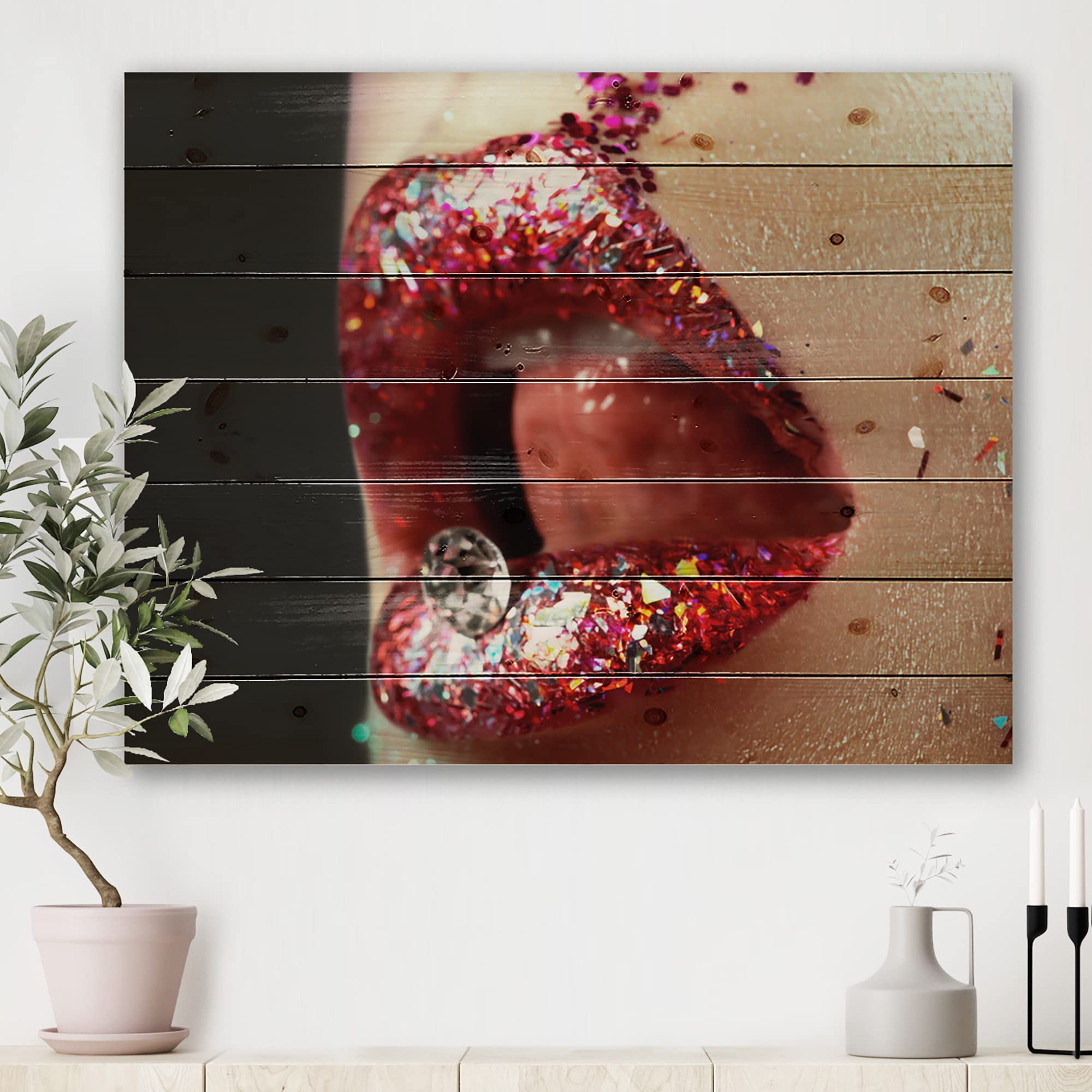 DesignQ Artistic Red Lips Makeup Wood Wall Art - Modern & Contemporary Large Pine Wood Wall Decor Panel - Perfect for Living Room, Bedroom, or Office Decoration