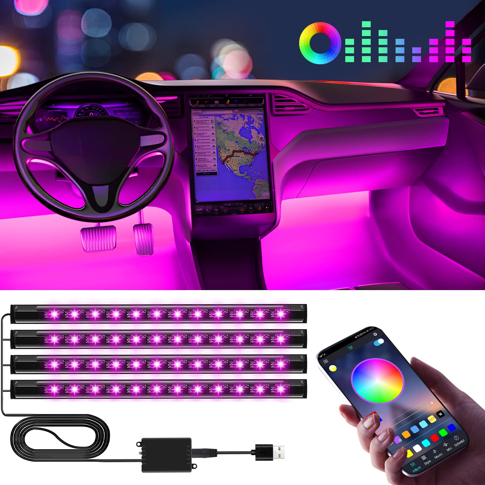 Winzwon Car LED Lights 2 Pack - APP Control Interior Car Lights with USB Port, Perfect Gifts for Men, Women & Mom | Enhance Your Car Ambience for Night Drives & Parties