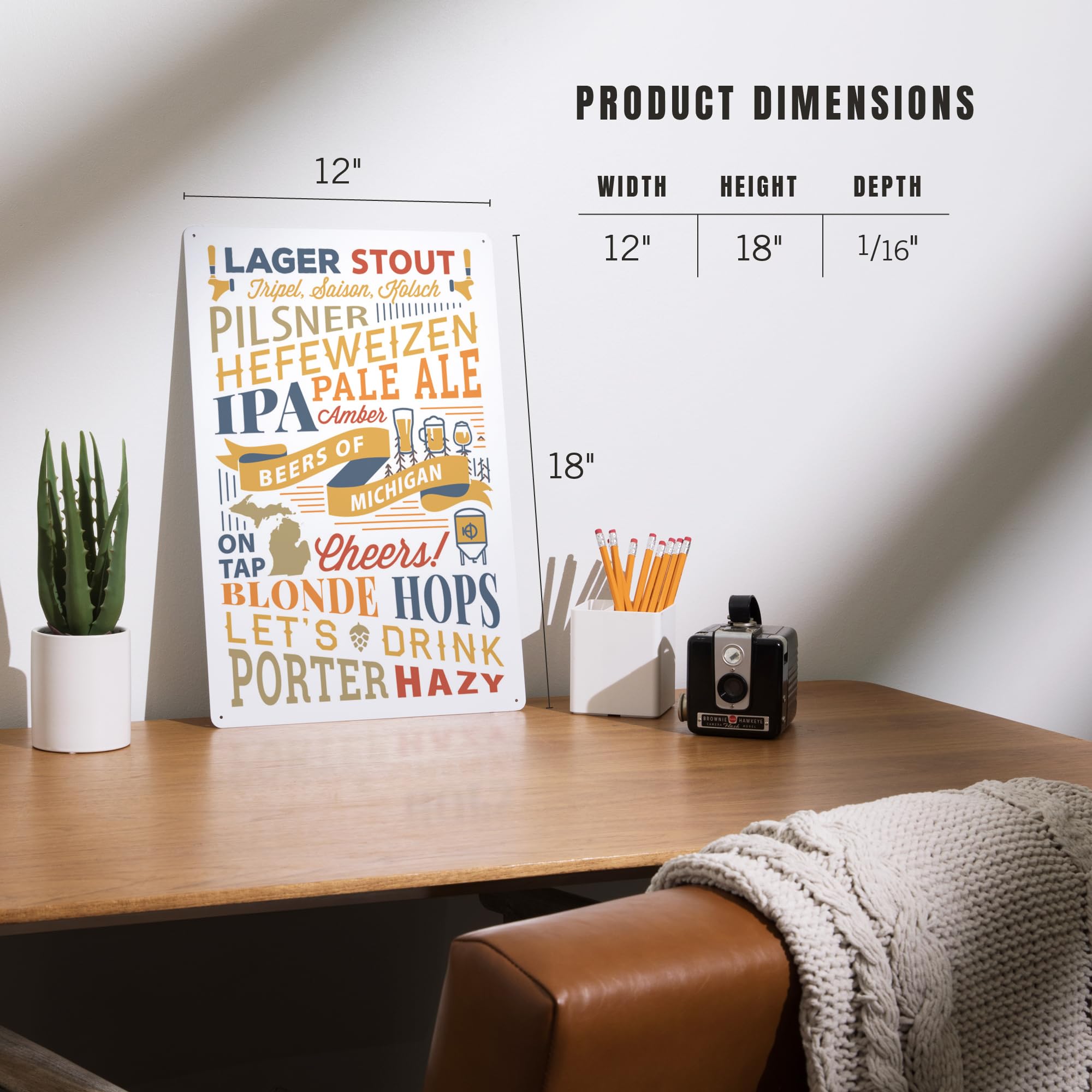 Lantern Press 12x18 Inch Metal Sign - Beers of Michigan Typography Wall Art - Perfect for Home Bar, Man Cave & Brewery Decor