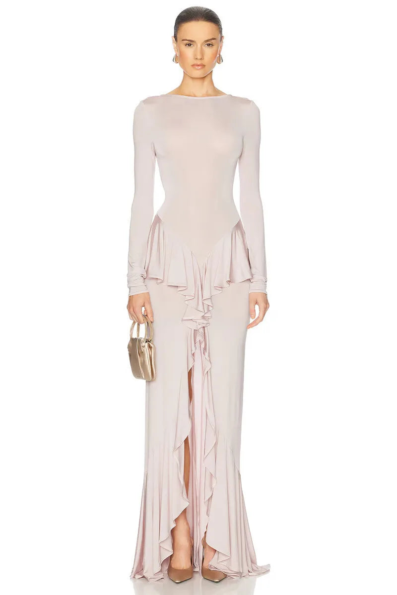 Sexy Backless Ruffled Maxi Dress for Women - Elegant O-Neck Long Sleeve Evening Gown with Thigh High Split | Perfect for Prom, Wedding Guest & Cocktail Parties
